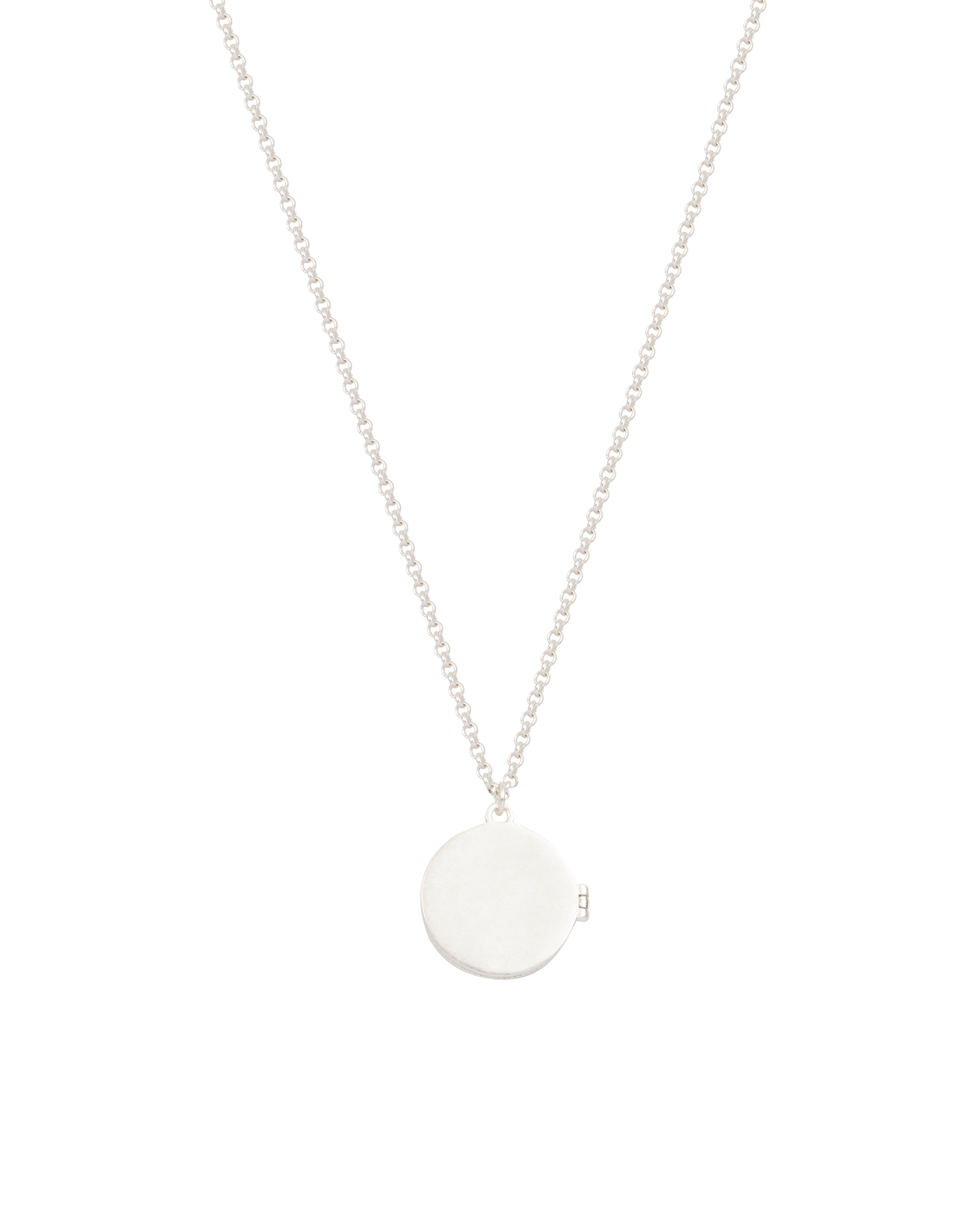 Back of silver necklace with a round pendant on a white background