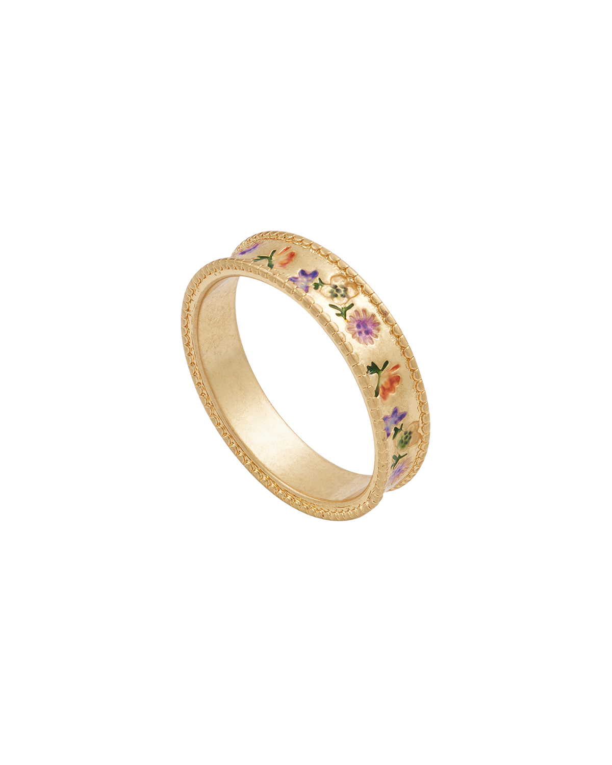 Gold ring with floral engravings on a white background