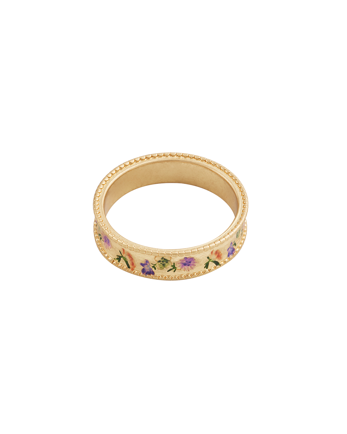Gold ring with floral designs on a white background