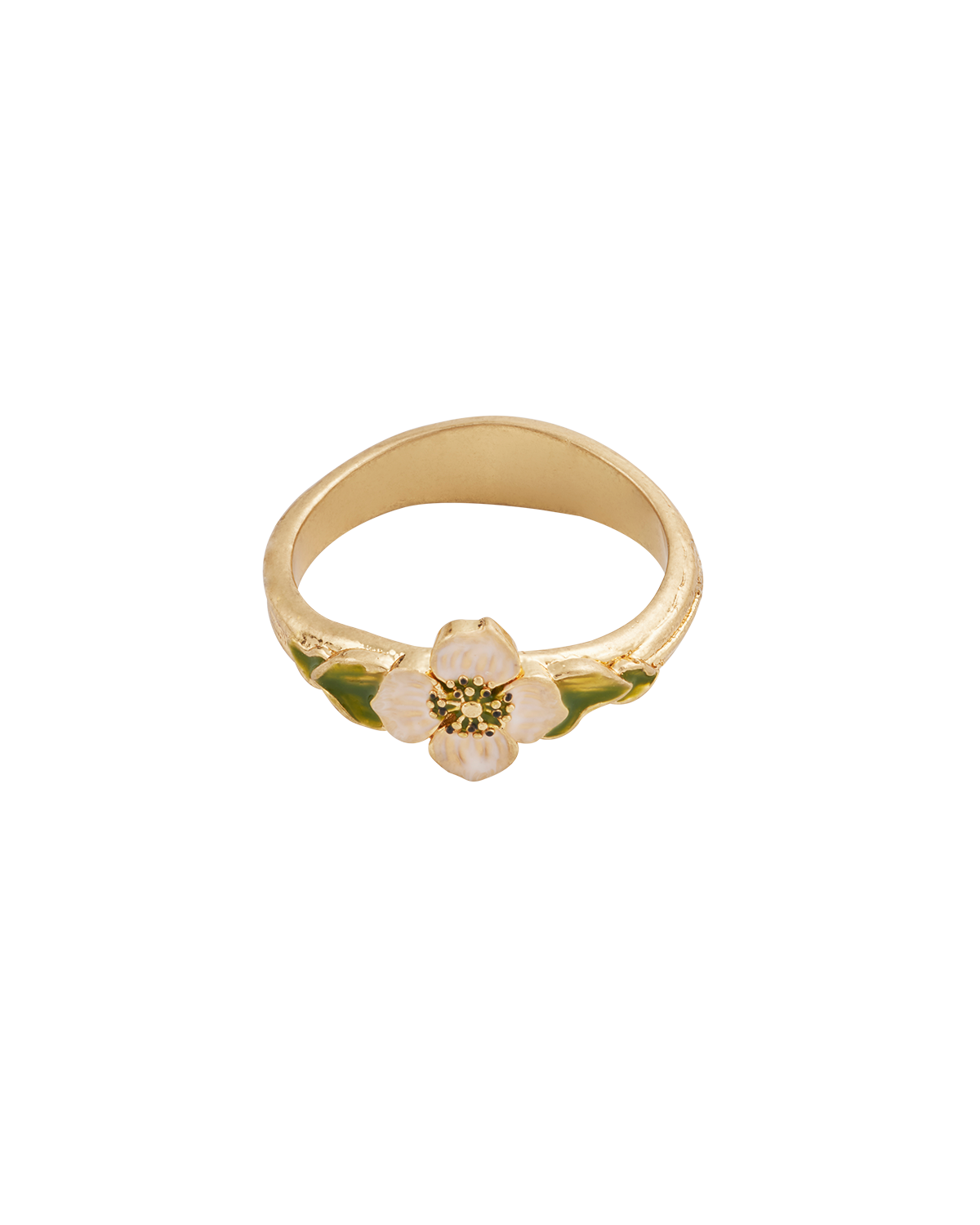 Gold ring with a floral design on a white background