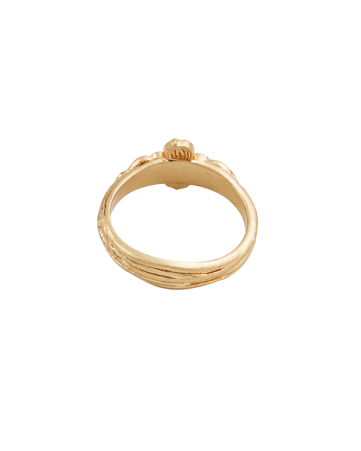 Gold ring with a lion head design on a white background