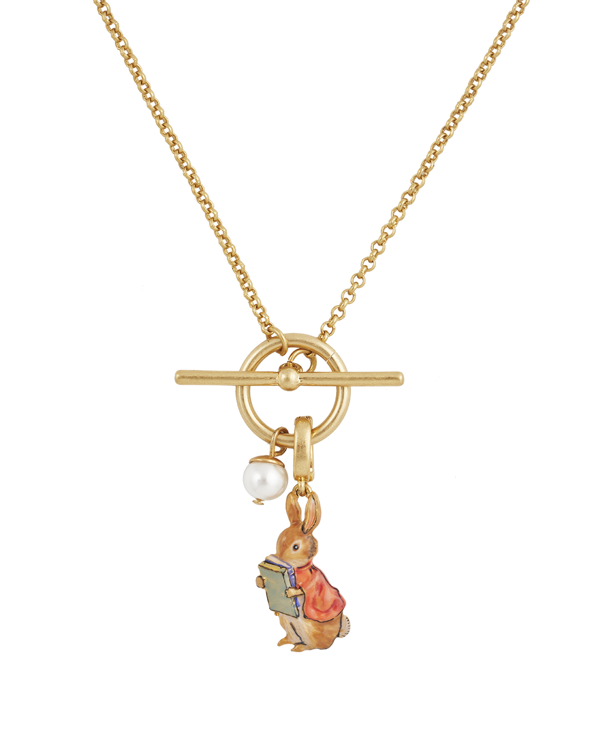 Gold necklace with cotton tail charm and pearl on a white background