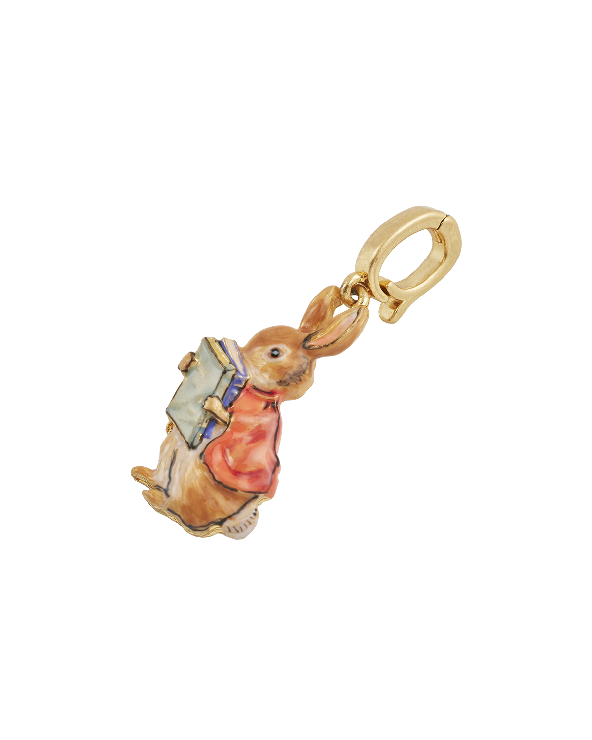 Gold charm of Cotton tail holding a book on a white background
