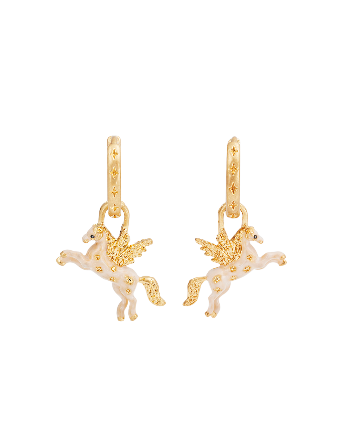 Gold and white Pegasus earrings on a white background
