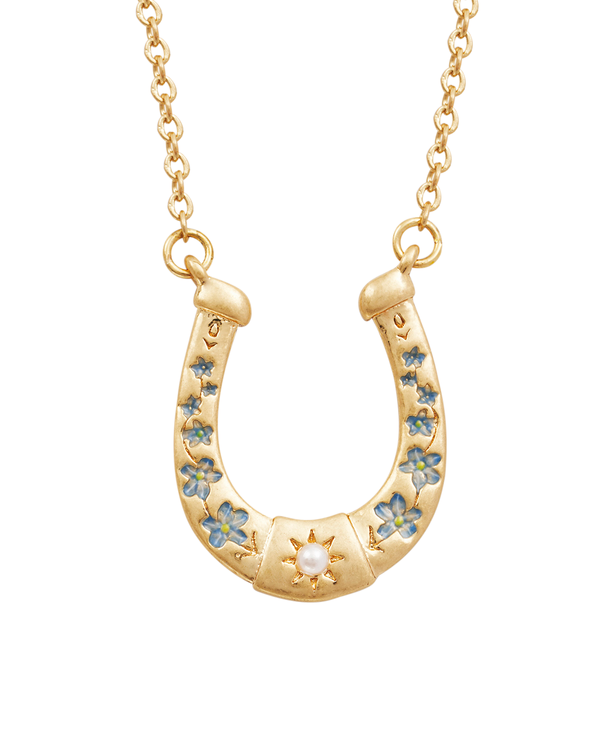 Gold Lucky in Love Necklace featuring a horseshoe charm with blue enamel and pearl accents.