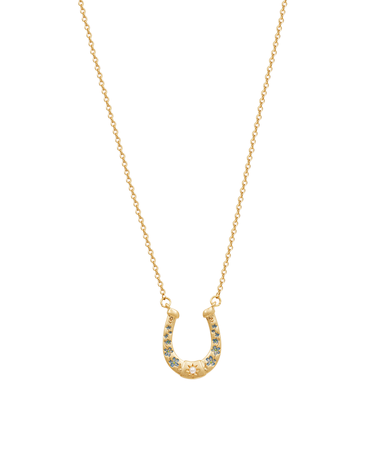 Gold Lucky in Love Necklace featuring a horseshoe charm with blue enamel and pearl on a fine chain.
