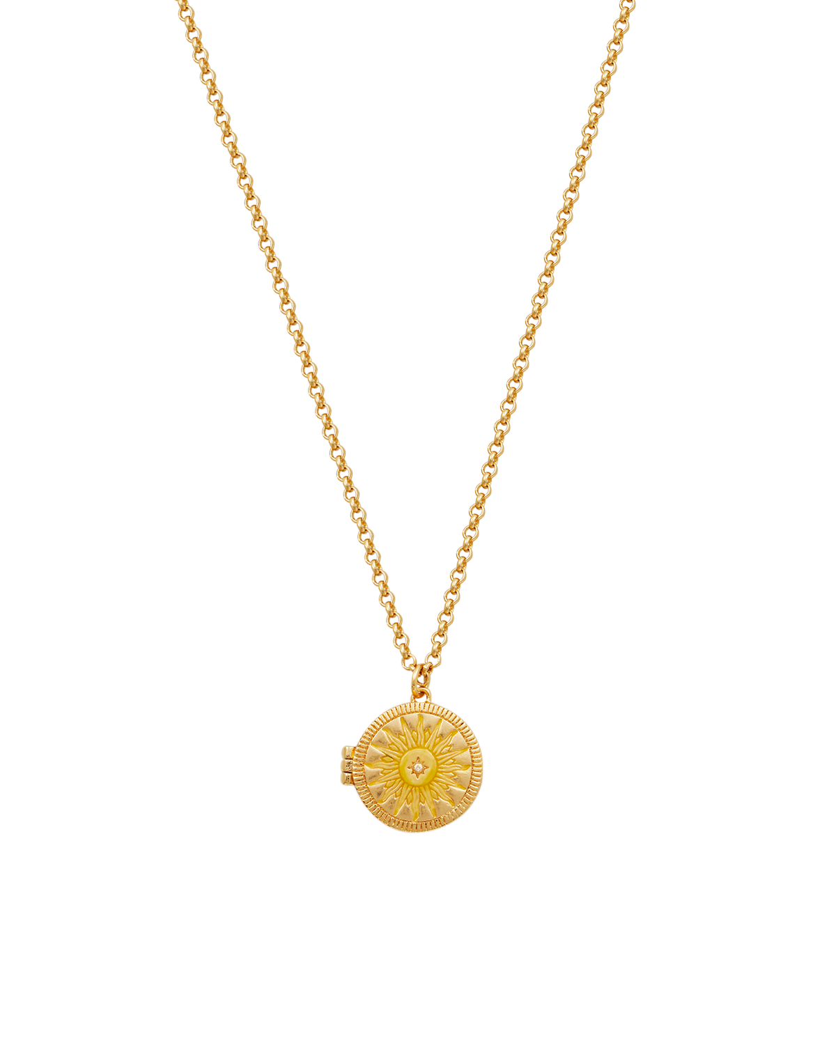 Gold Sun Locket Necklace featuring a radiant sunburst design with yellow enamel rays on a gold-toned chain.