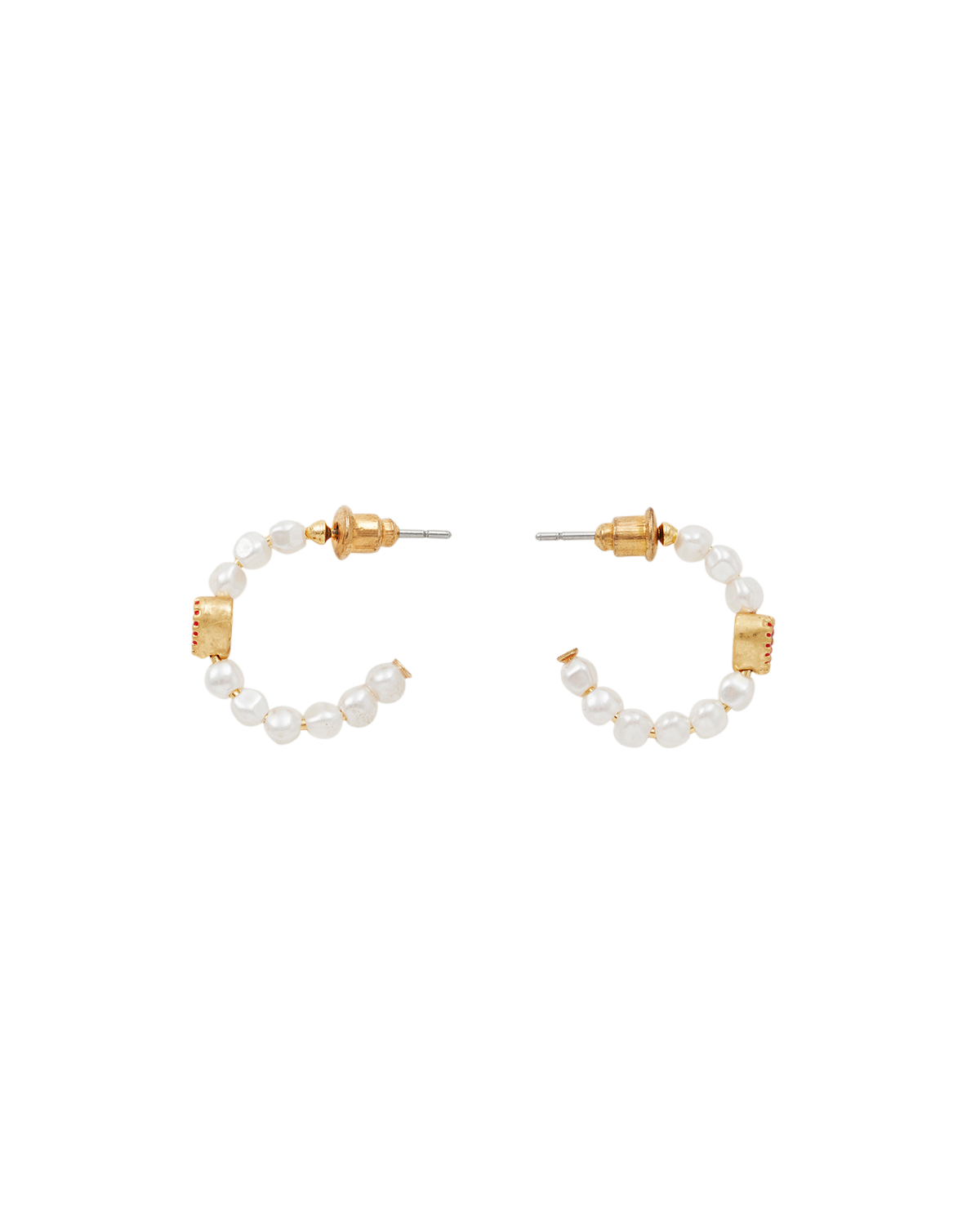 Pair of Gold Love Heart Pearl Hoop Earrings on a white background