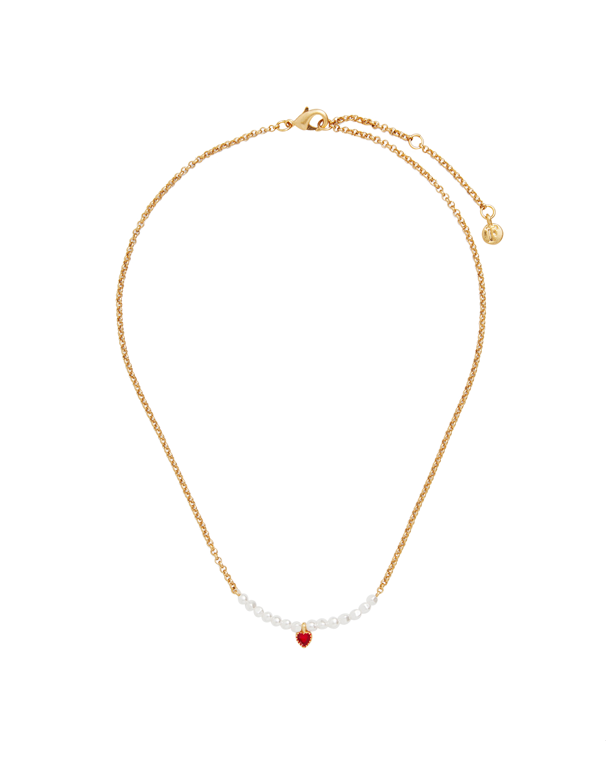 Gold Love Heart Pearl Necklace featuring a delicate gold chain, pearl detail, and a red enamel heart pendant.