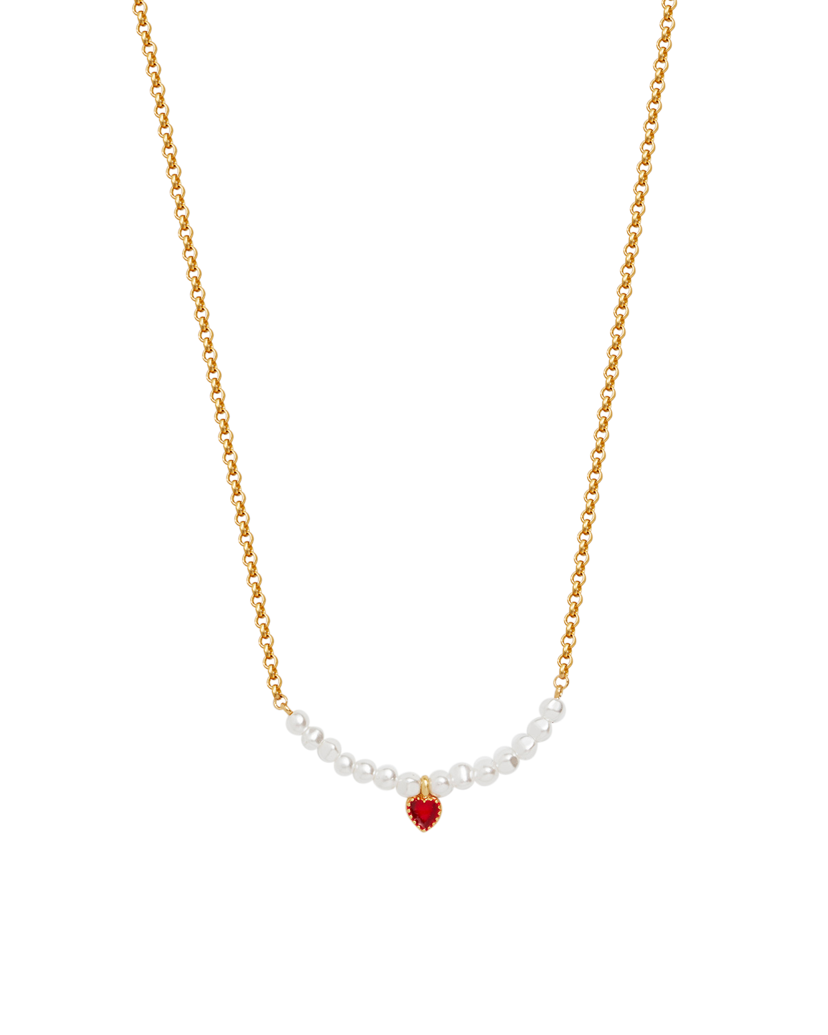Gold Love Heart Pearl Necklace featuring a red enamel heart pendant and white pearl detail on a gold chain.