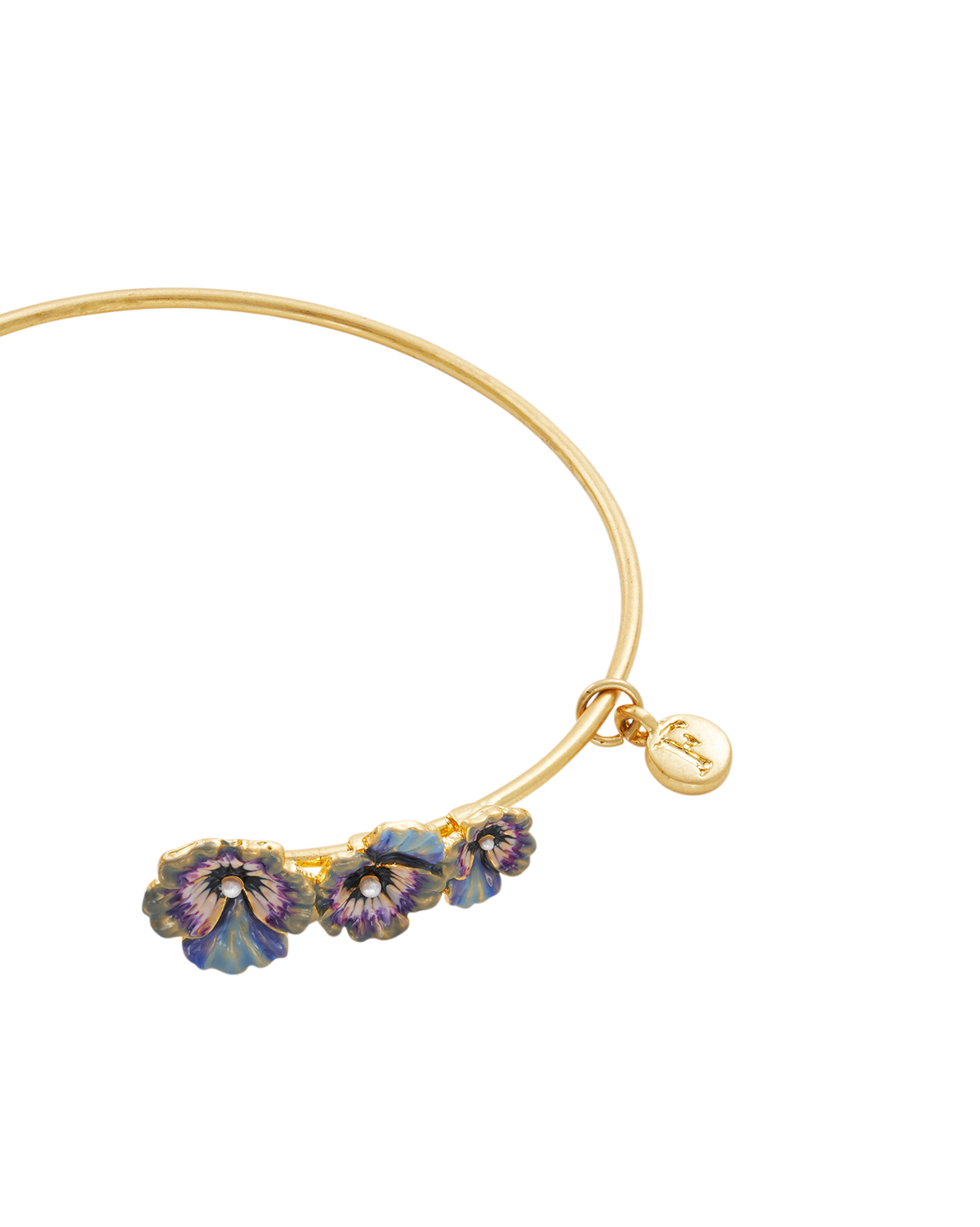 Gold bracelet with floral charms on a white background