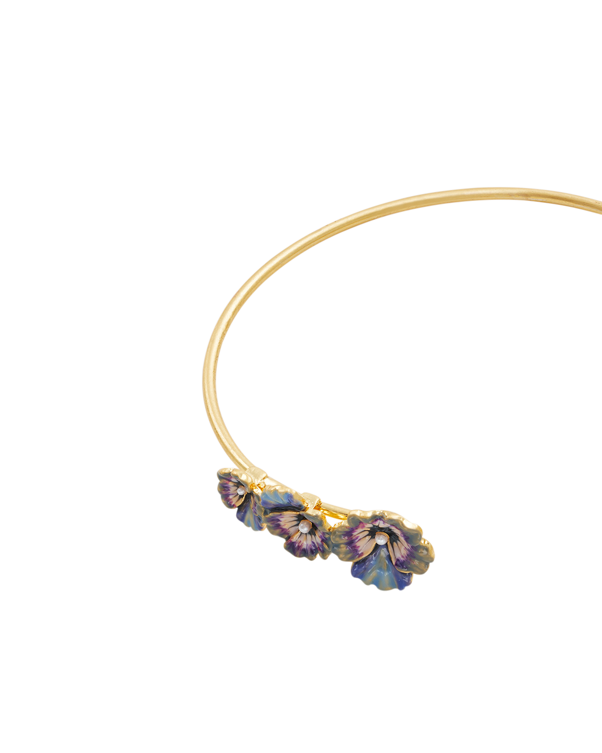 Gold bangle with purple pansy flower designs on a white background