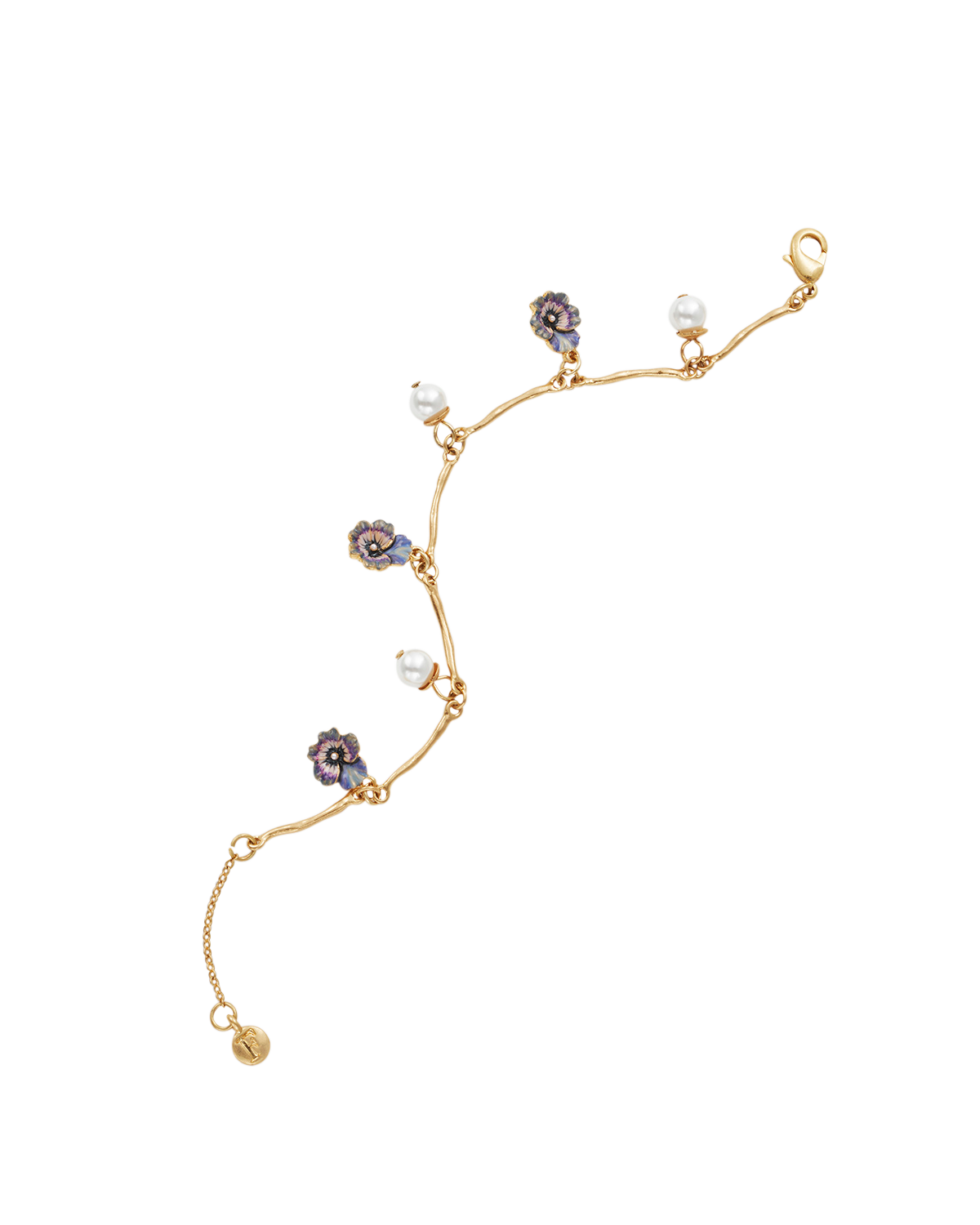 Gold bracelet with floral and bead details on a white background