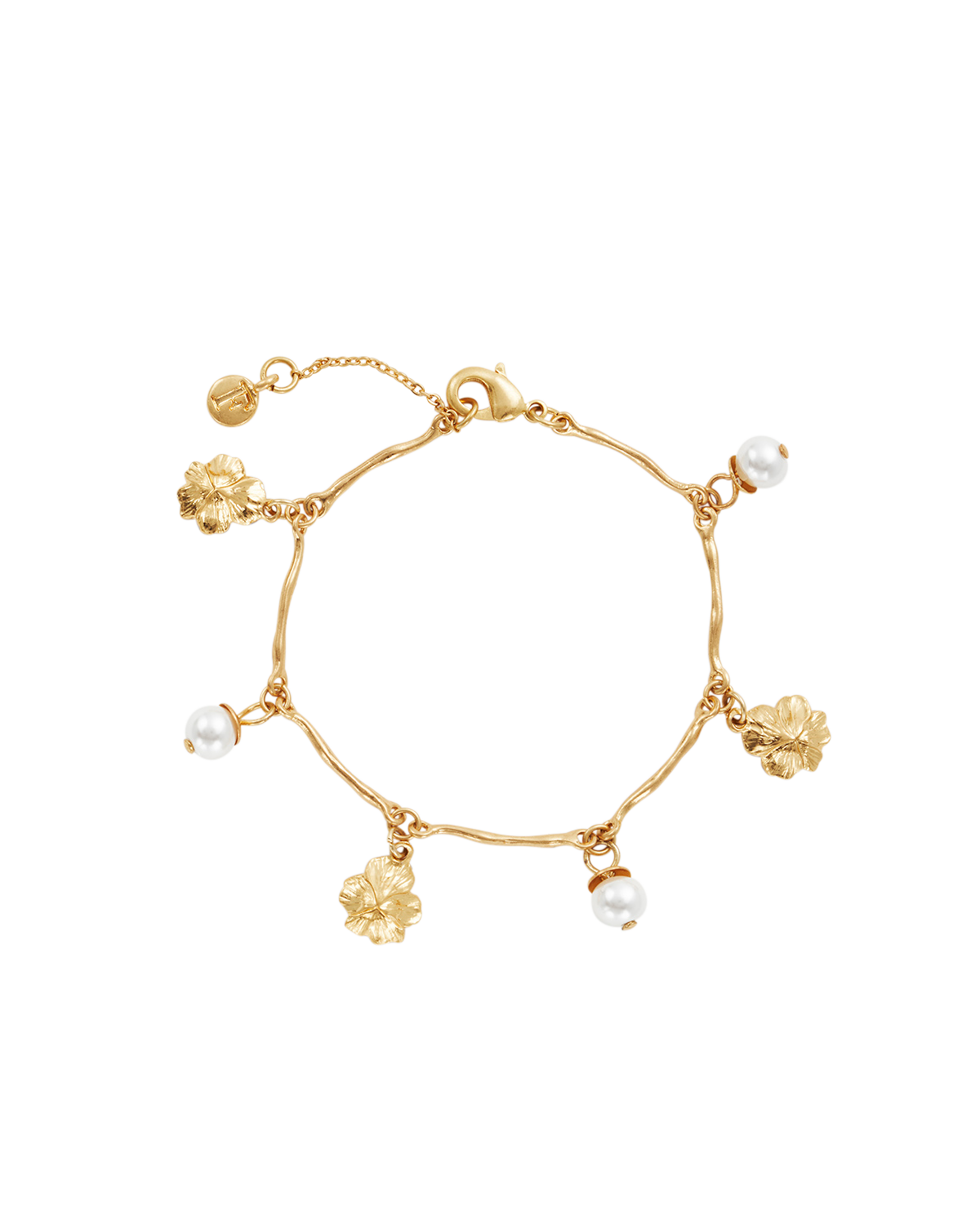Gold bracelet with floral charms and pearls on a white background