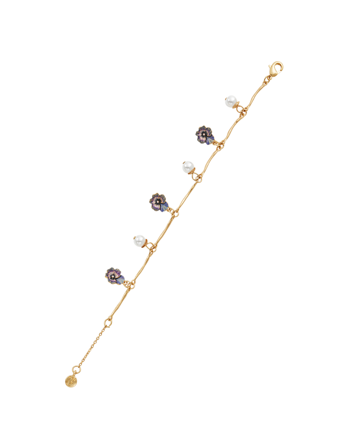 Delicate gold bracelet with flowers and pearl charms on a white background