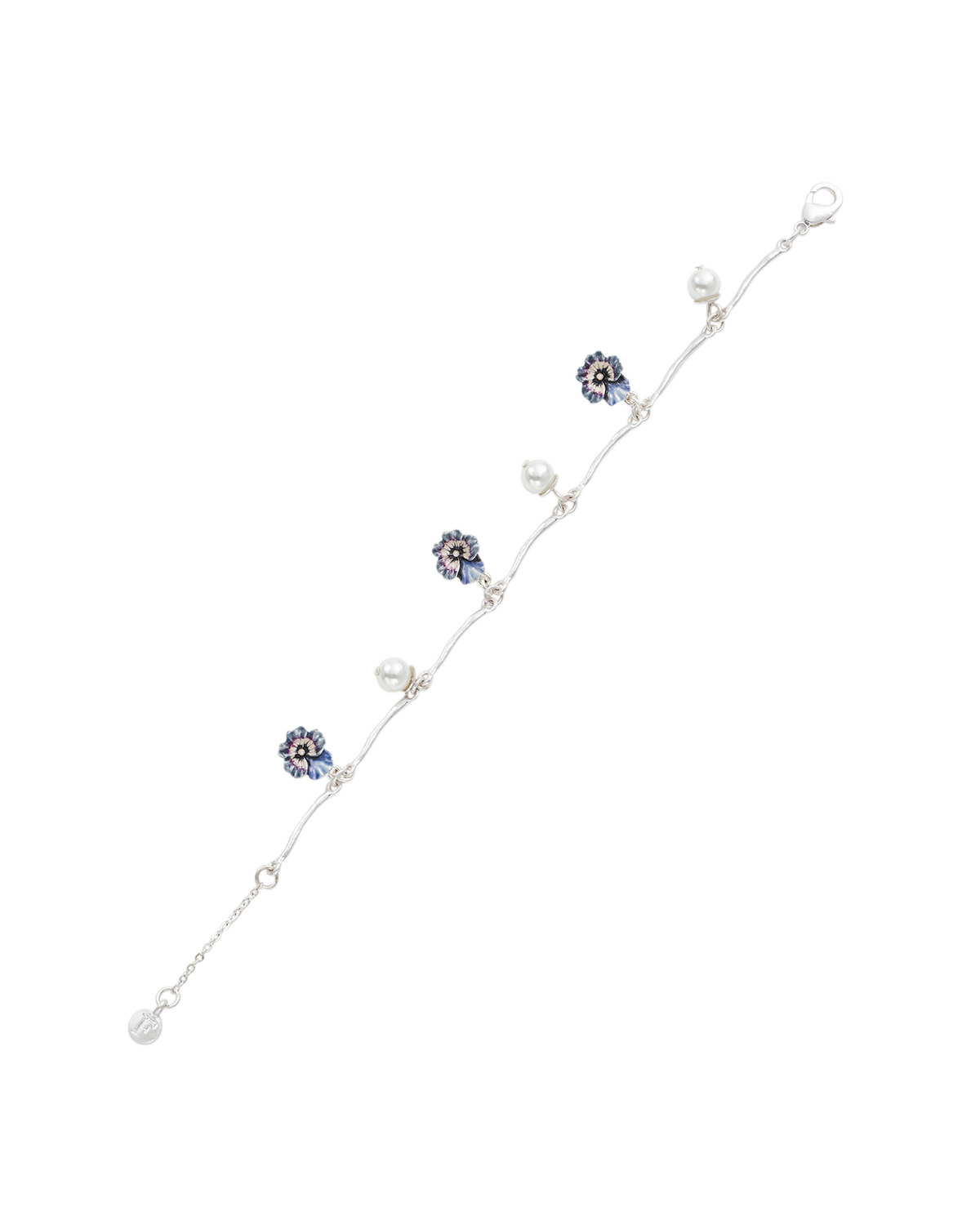 Pearl bracelet with floral charms on a white background