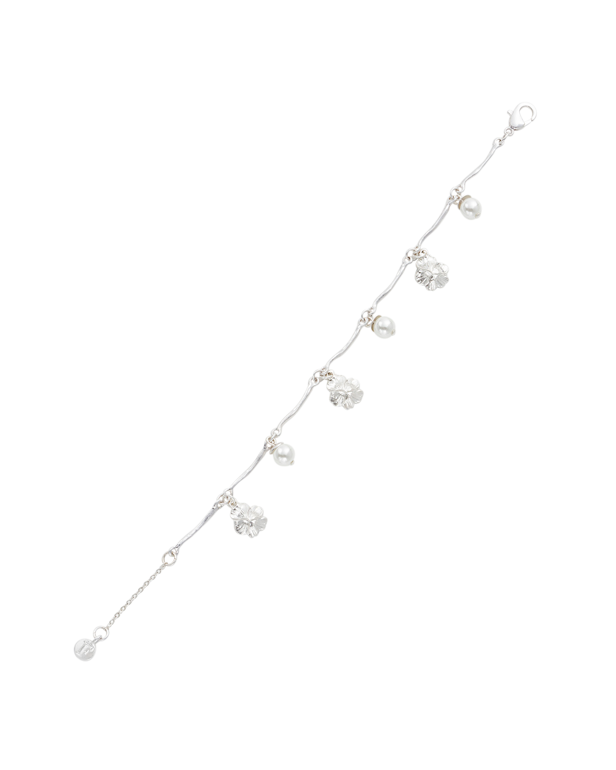 Silver bracelet with pearls on a white background