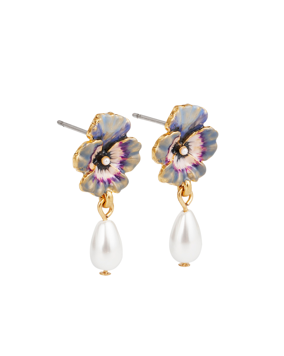 Floral earrings with pearl drops on a white background