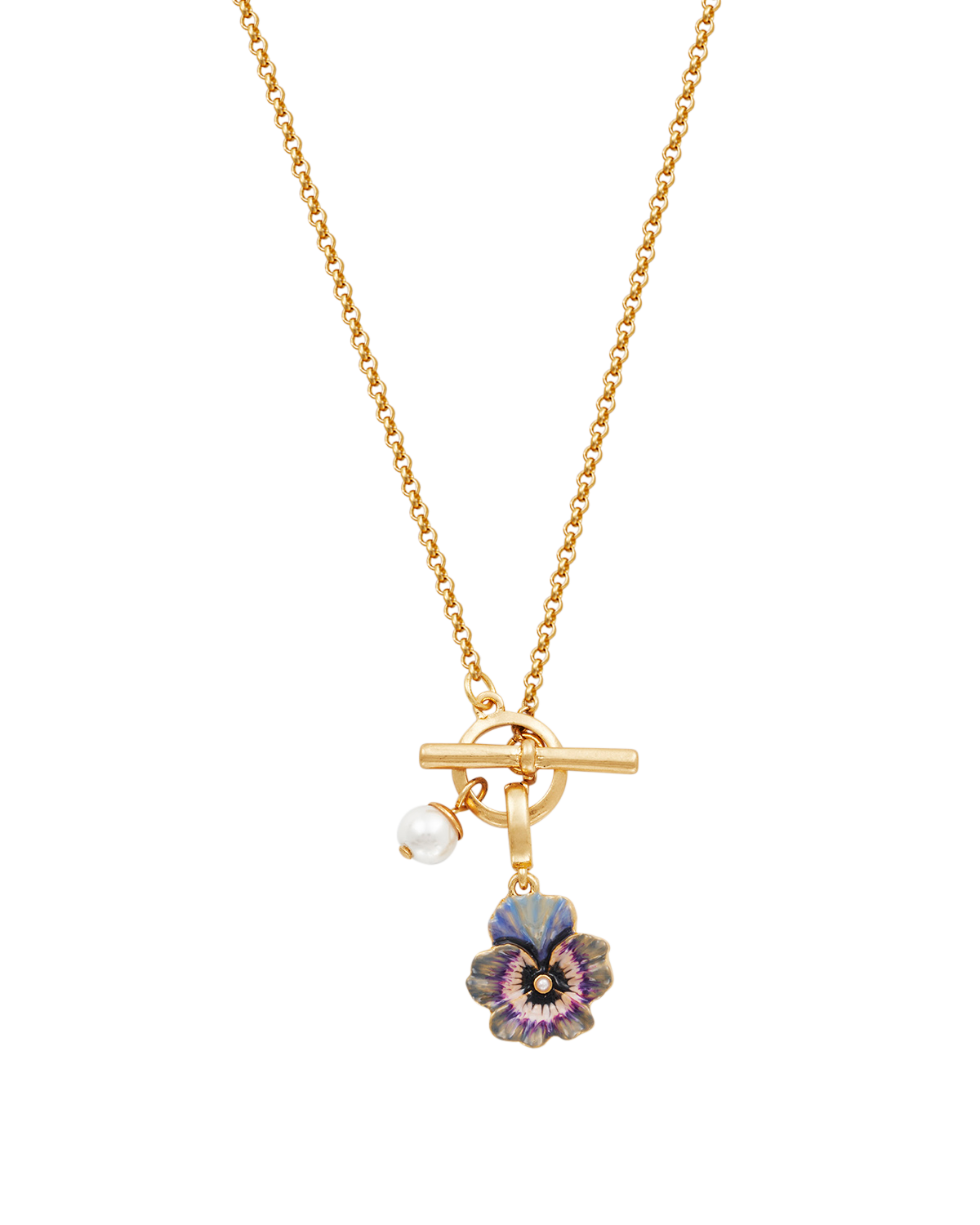 Gold necklace with a floral pendant on a white background