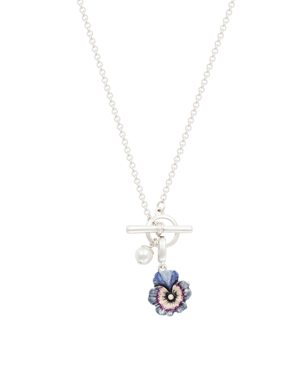 Necklace with a floral pendant and toggle clasp on a white background