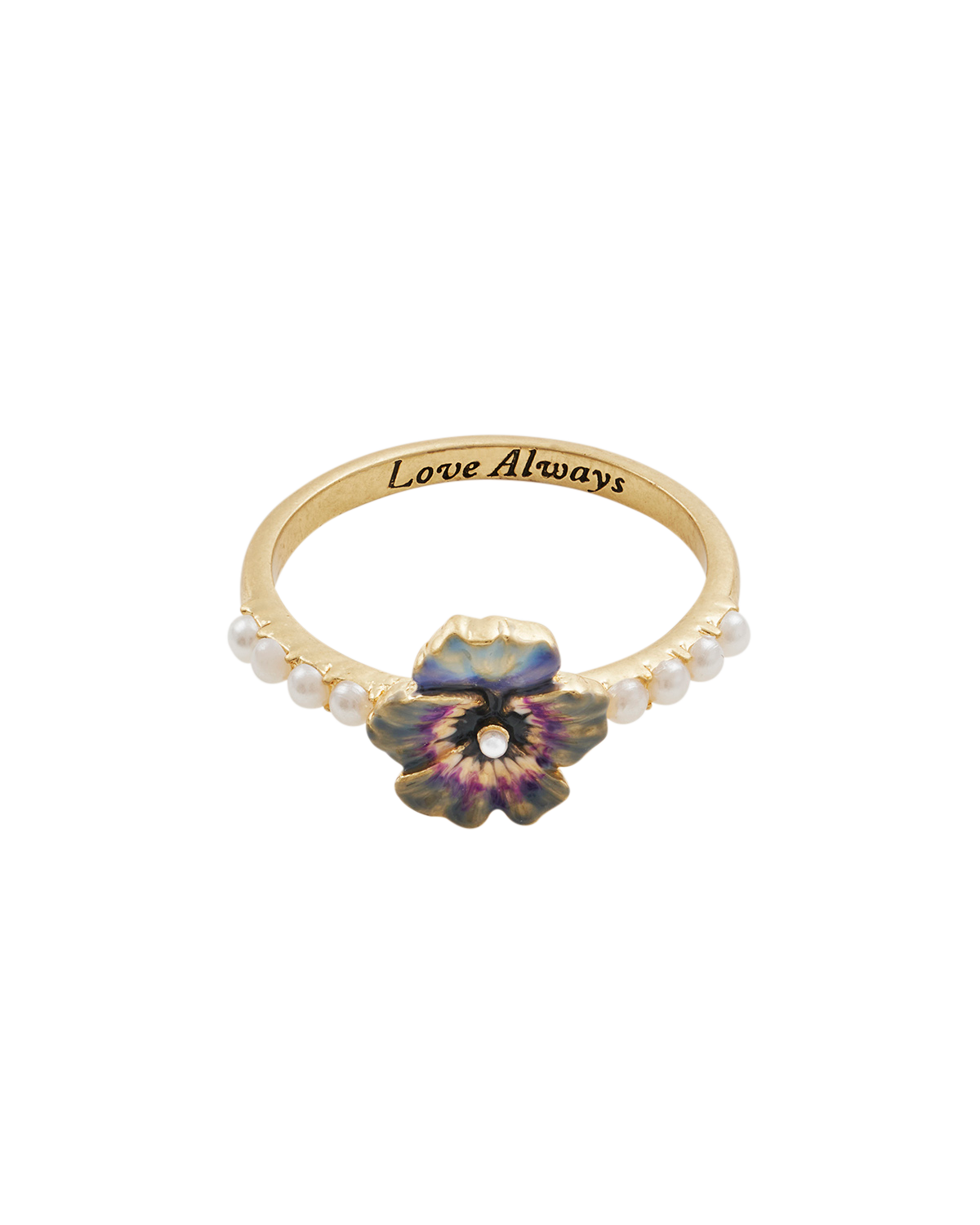 Gold ring with a colorful flower and 'Love Always' engraving on a white background