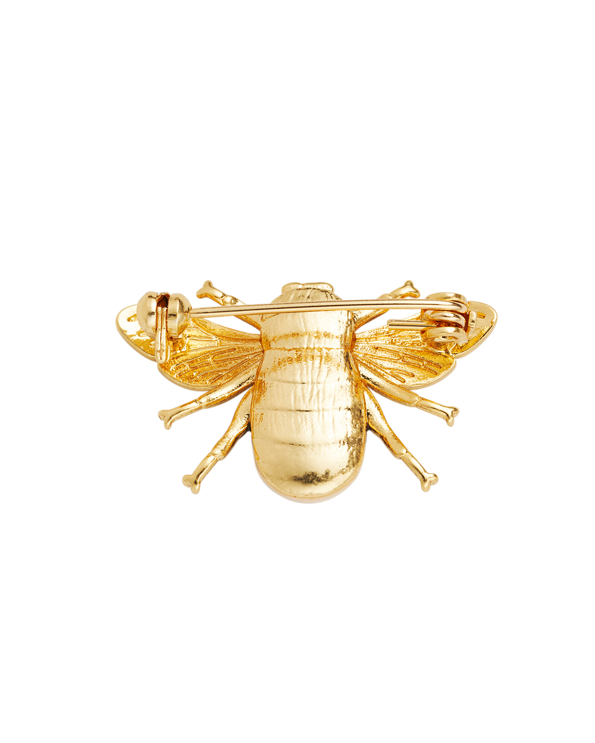 Gold bee-shaped brooch on a white background