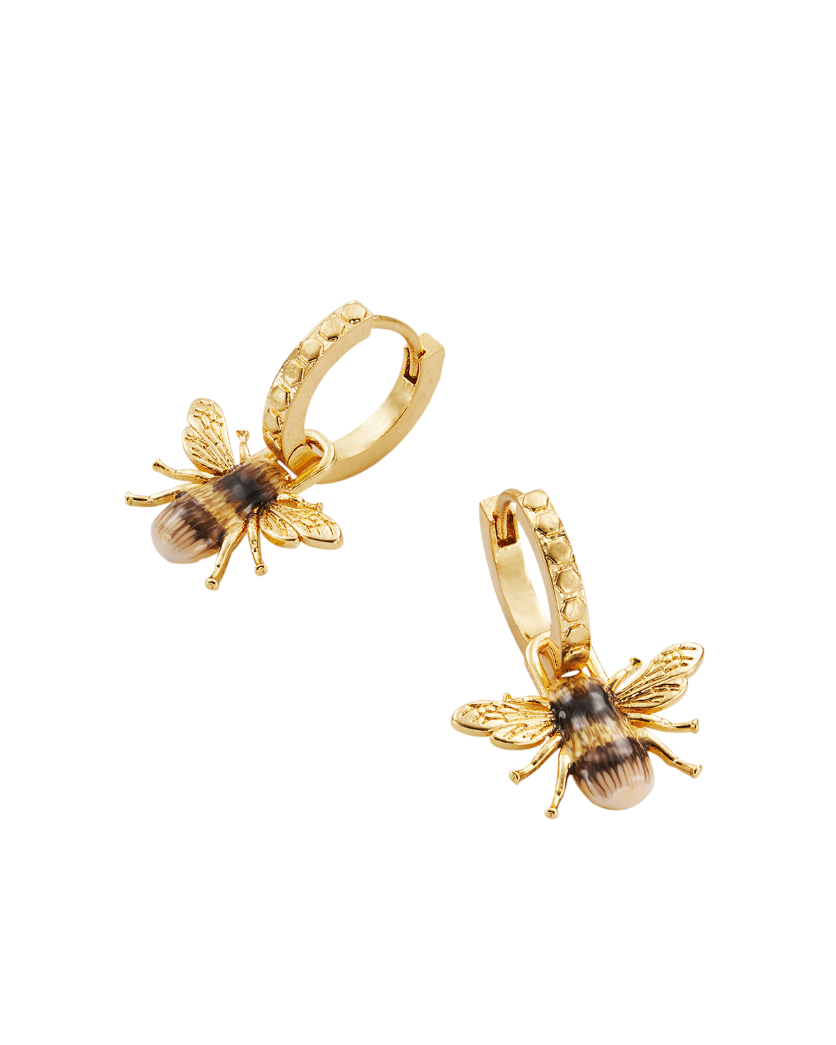 Gold Honey Bee Huggie Earrings with delicate honey bee motifs in 22ct worn gold-plated brass.