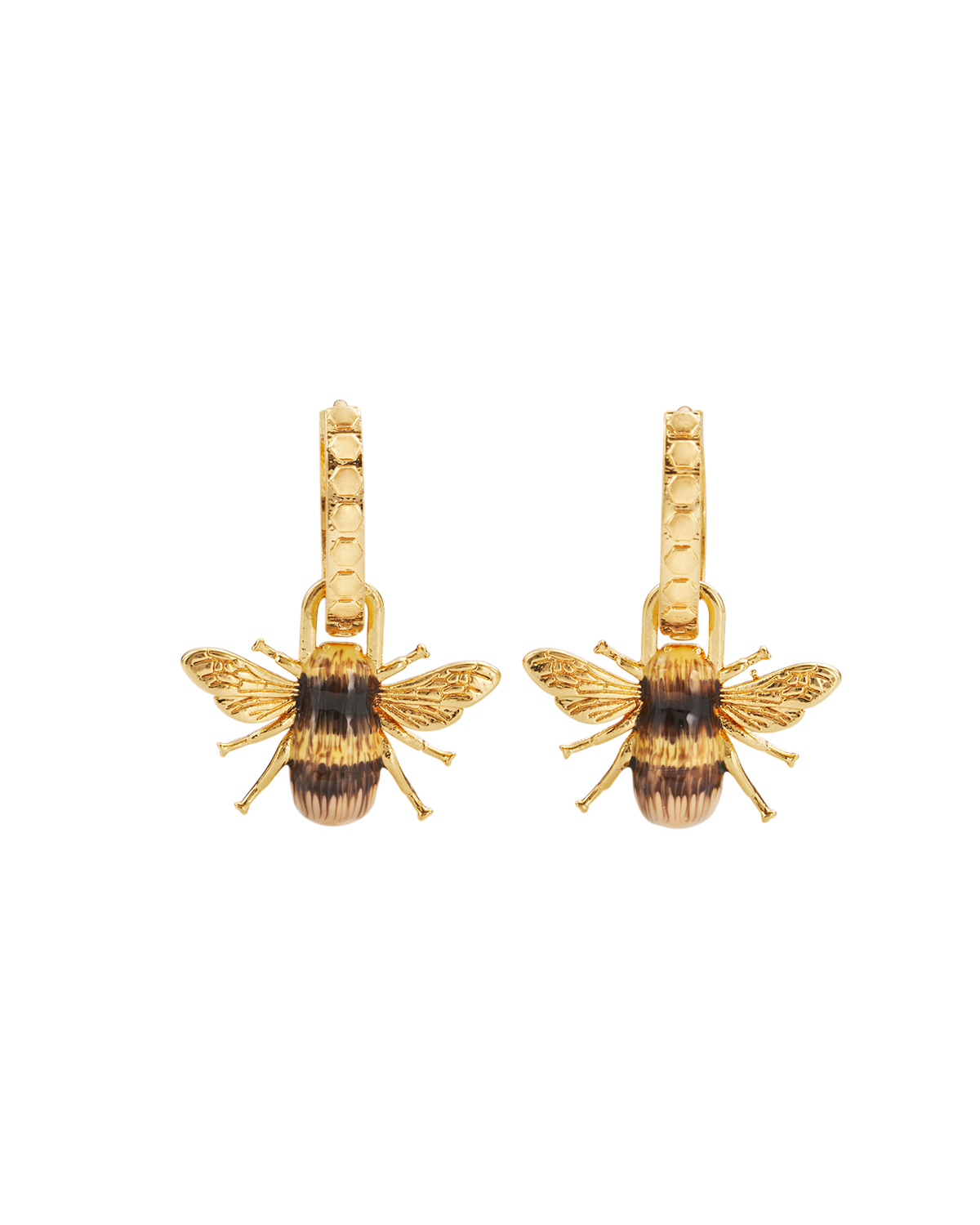 Gold Honey Bee Huggie Earrings featuring delicate bee motifs in 22ct worn gold-plated brass.