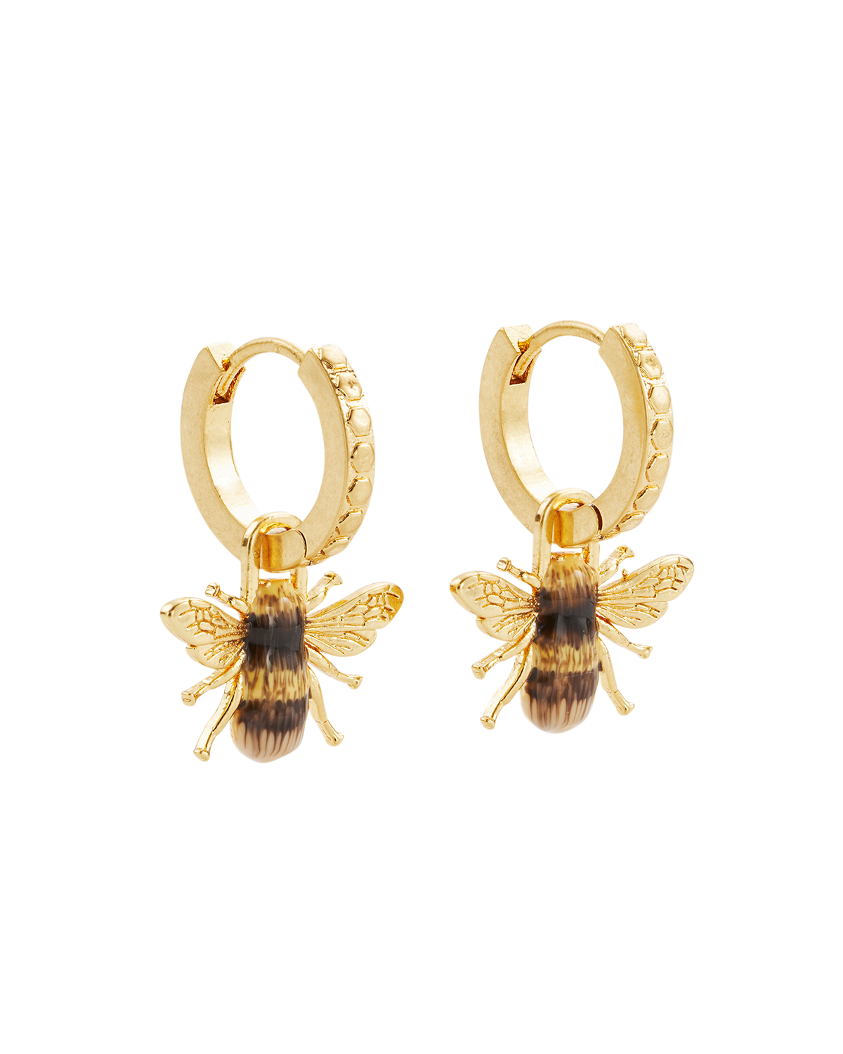 Gold Honey Bee Huggie Earrings featuring delicate bee motifs in 22ct worn gold-plated brass.