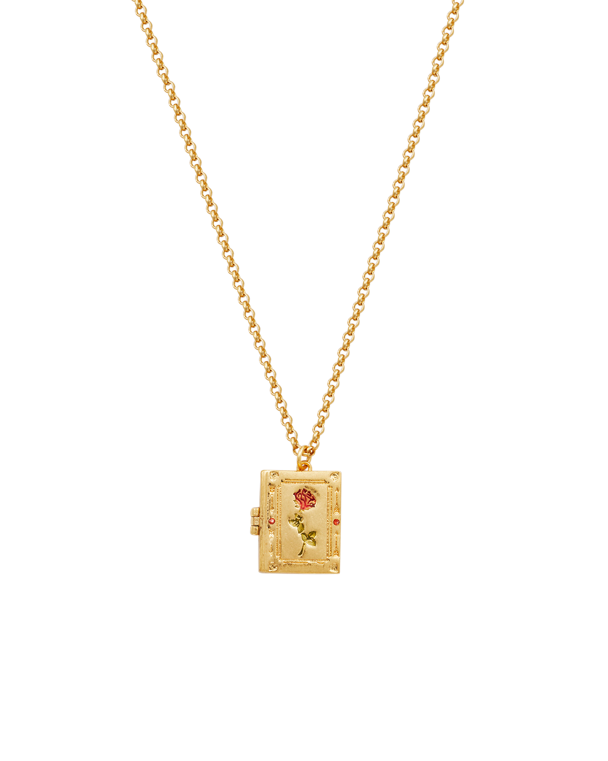 Gold necklace with a secret journal pendant locket on a white background