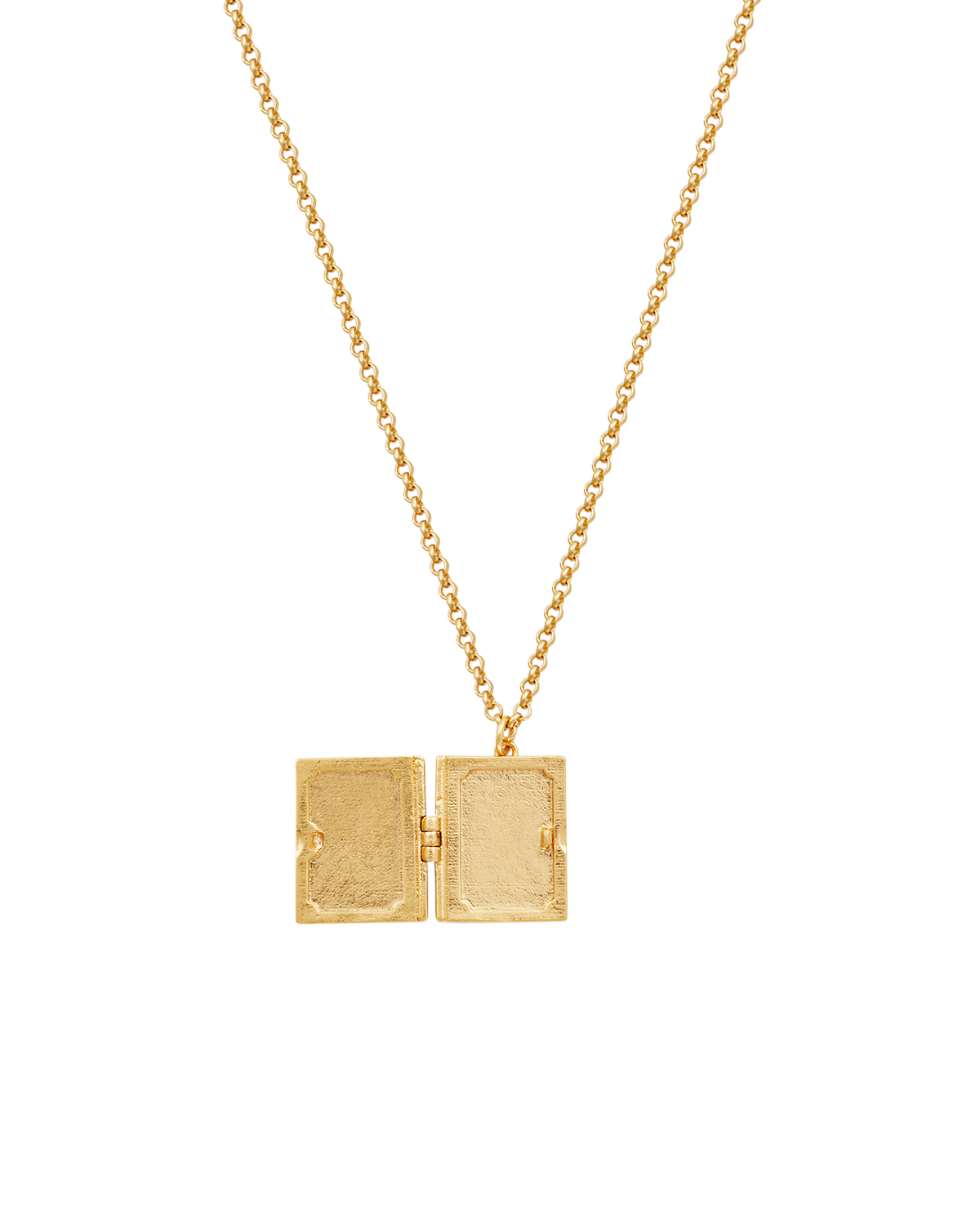 Gold necklace with a book-shaped pendant on a white background