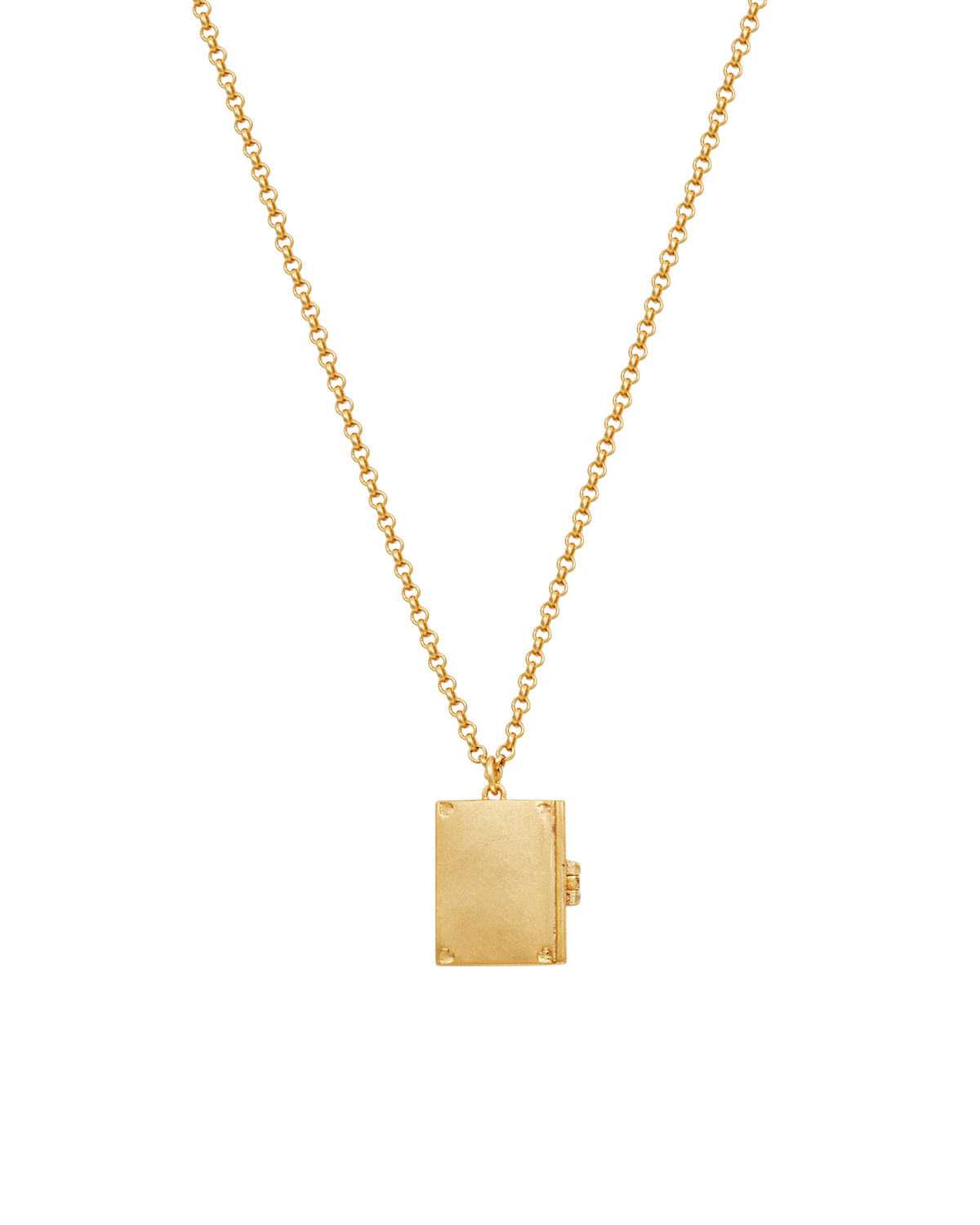 Gold necklace with a journal locket pendant on a white background