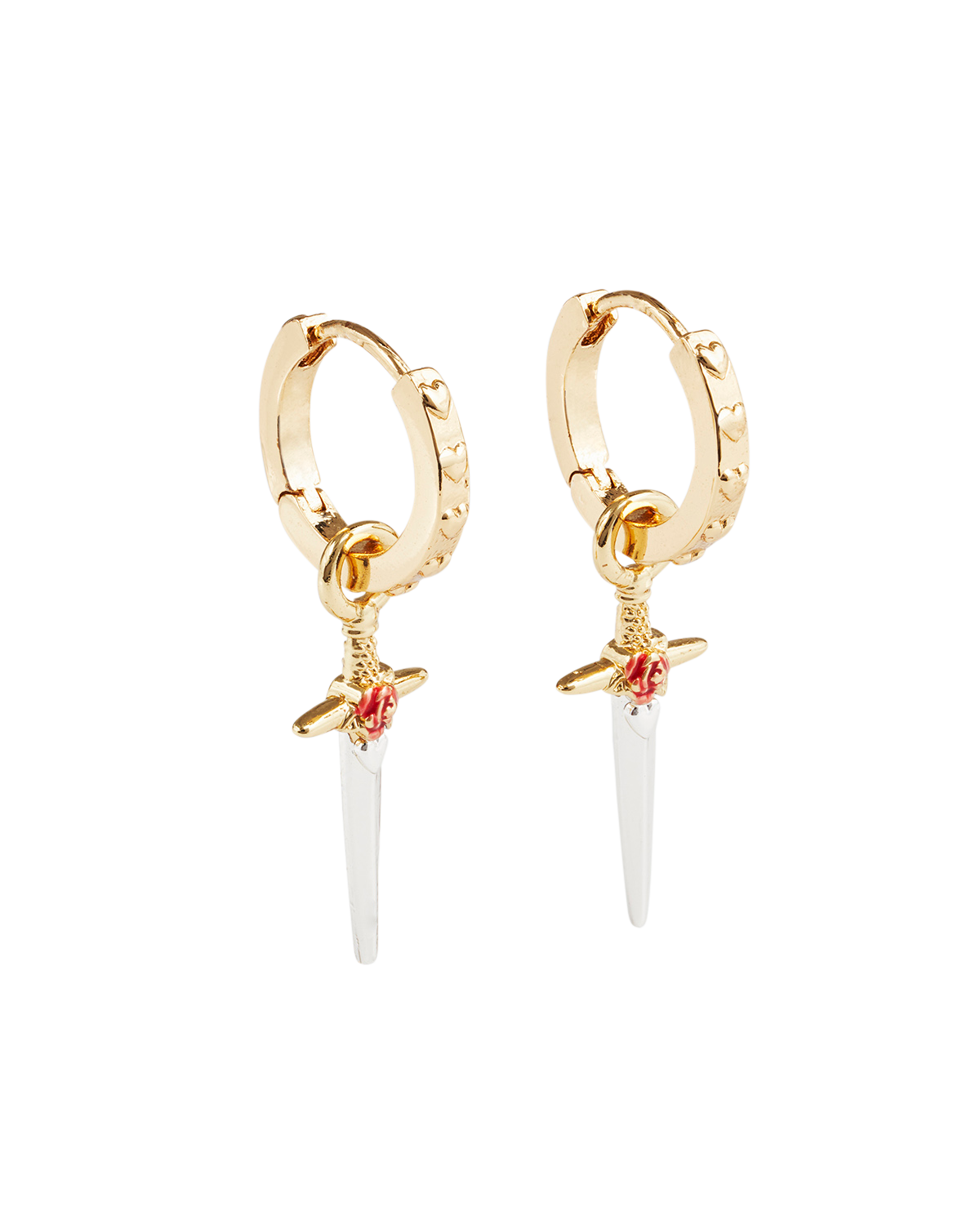 Pendientes huggie de rosa y daga dorados
