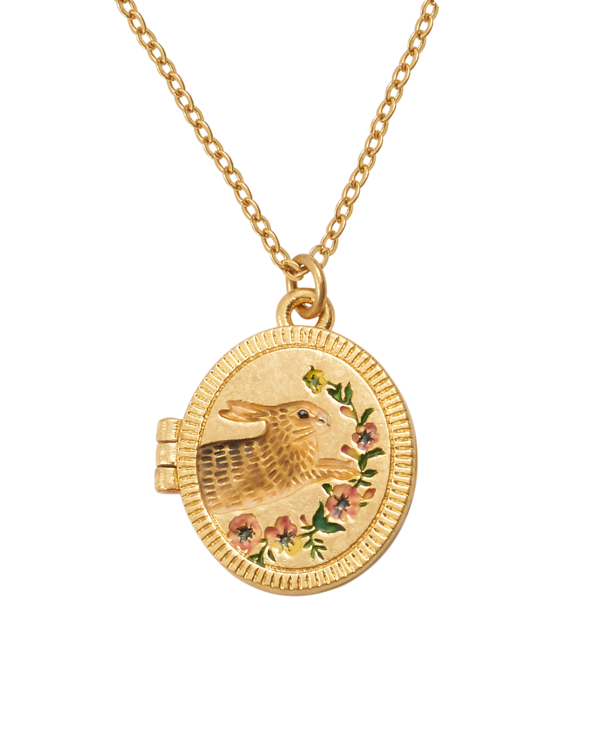 Gold locket necklace with a round pendant featuring a rabbit design on a white background