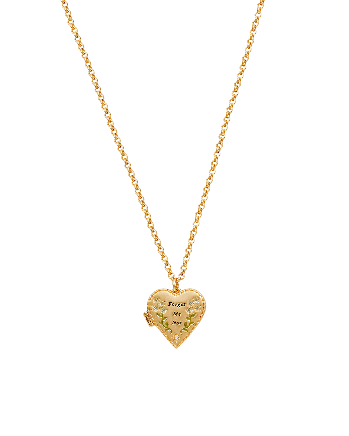 Gold Forget Me Not Heart Locket Necklace on a white background