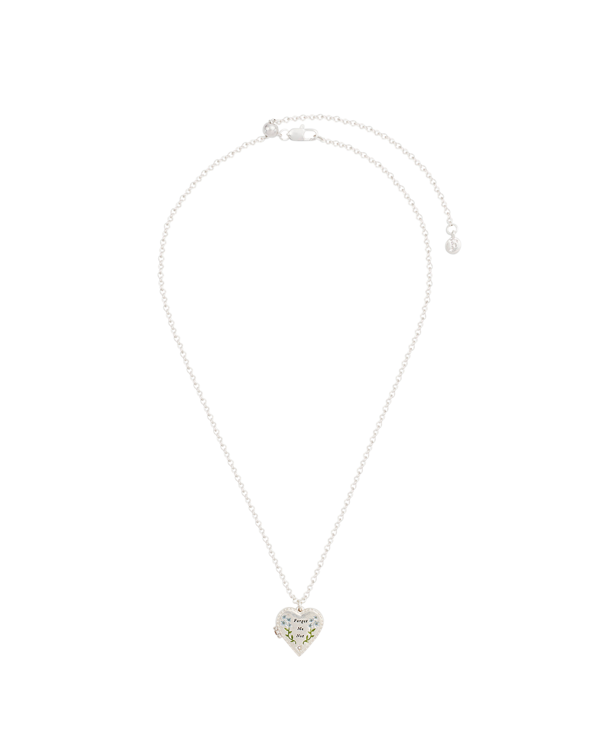 Silver Forget Me Not Heart Locket Necklace on a white background