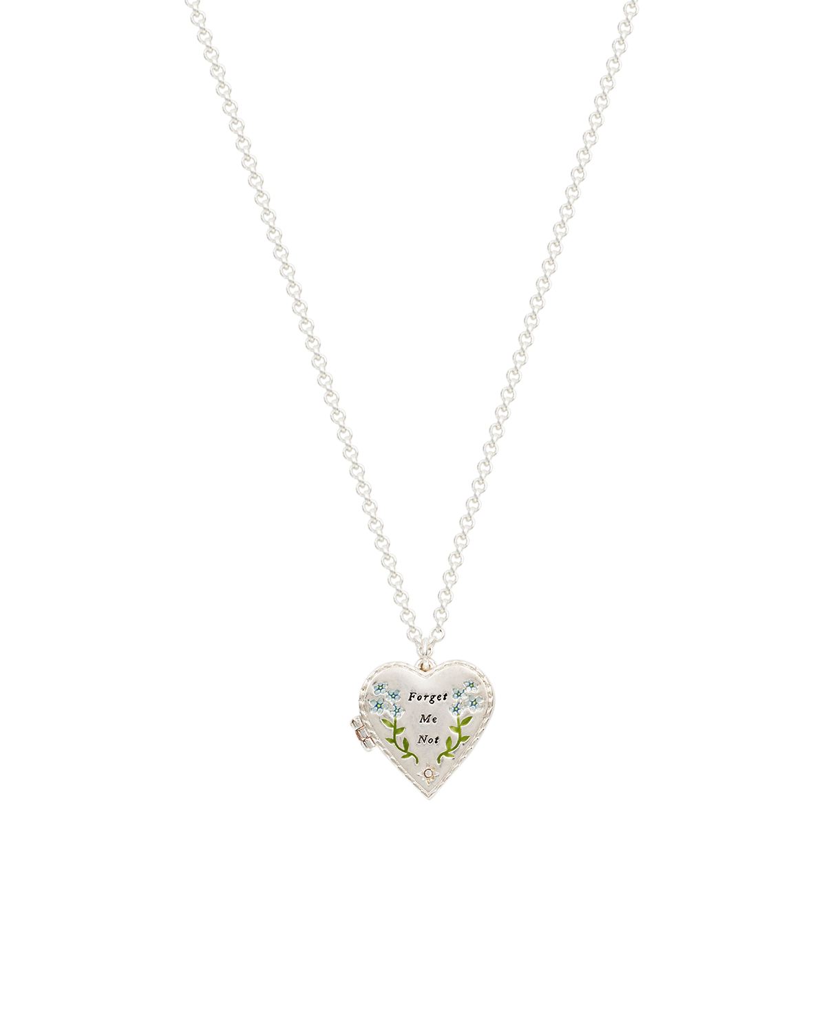Silver Forget Me Not Heart Locket Necklace on a white background