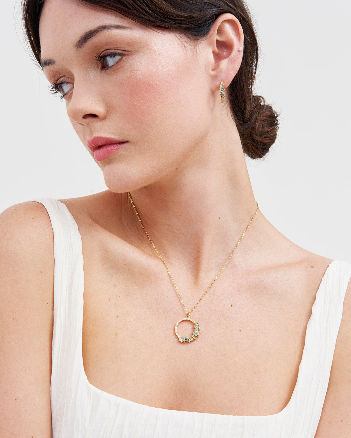 Gold Floral Wreath Necklace on woman