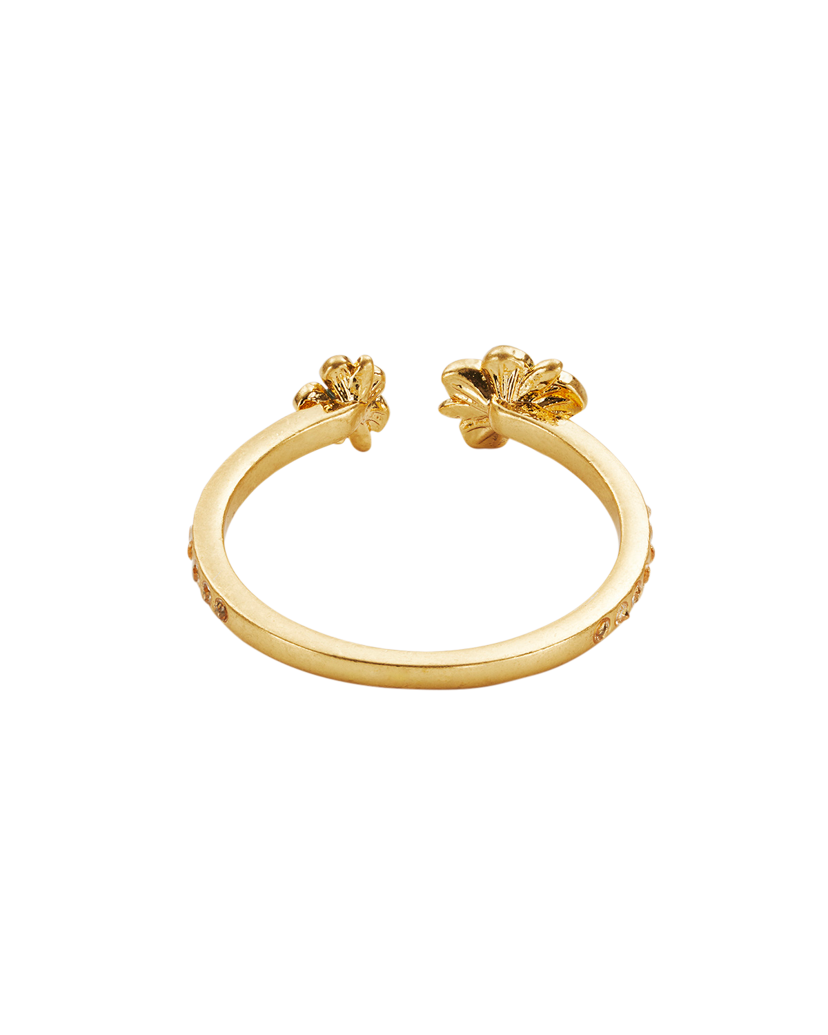 Gold hoop earrings with floral designs on a white background