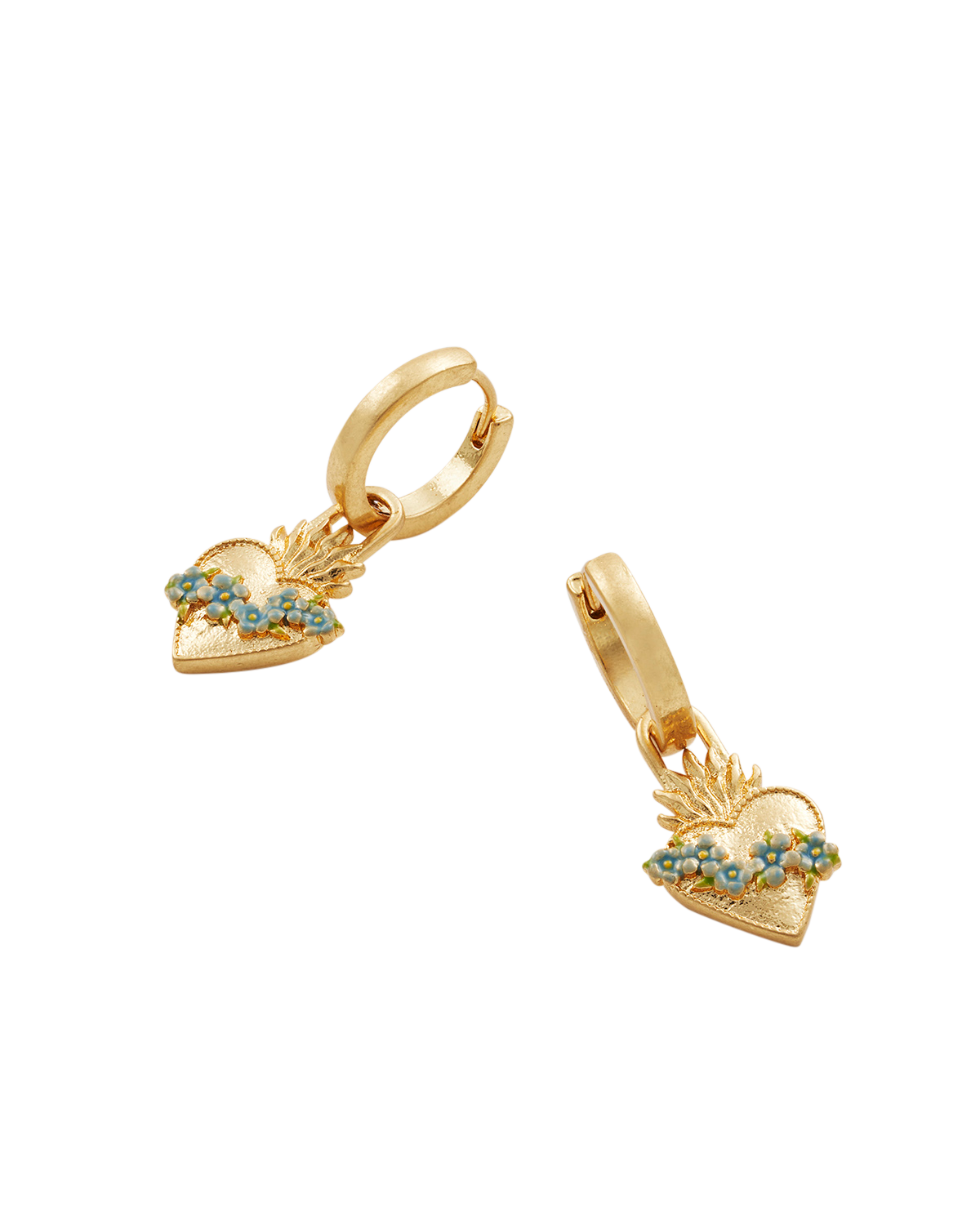 Gold Sacred Heart Huggie Earrings on a white background