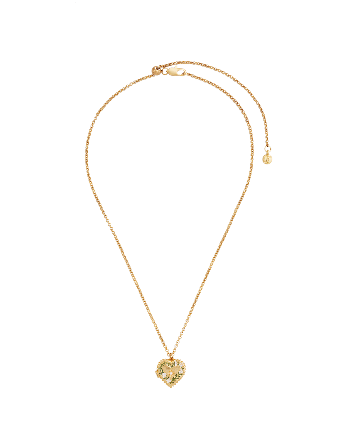 Gold Jasmine Heart Locket Necklace on a white background