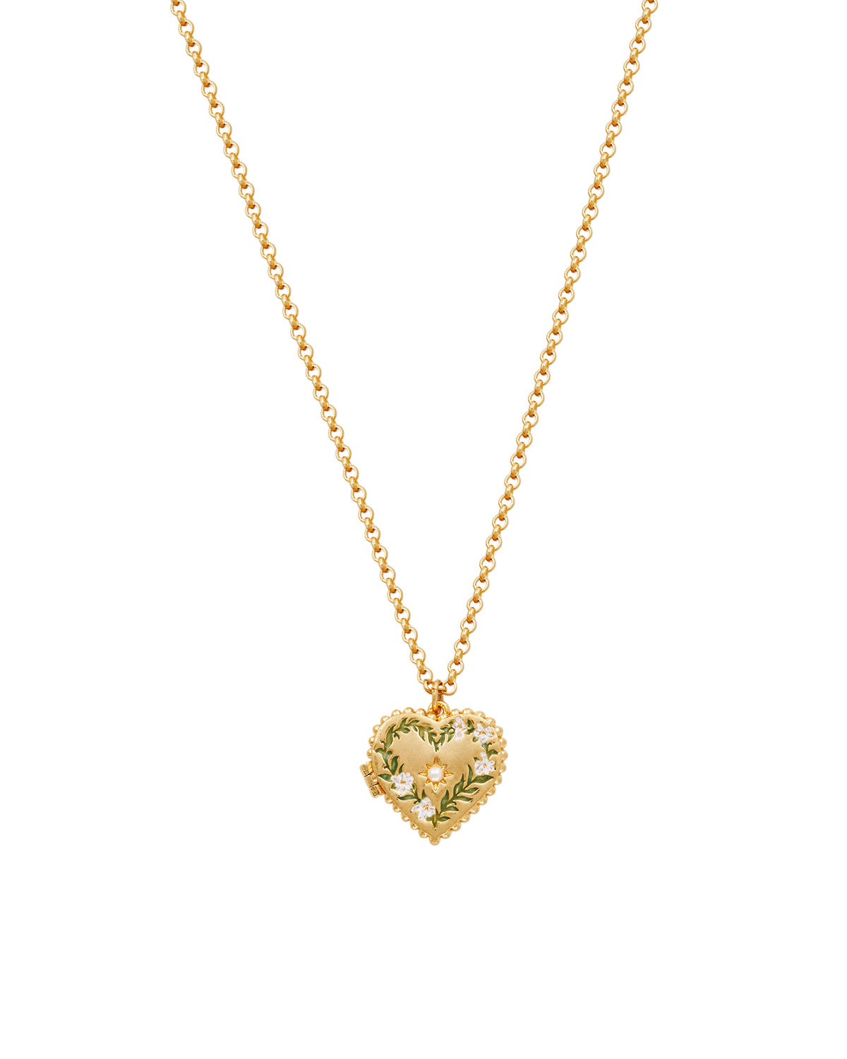 Gold Jasmine Heart Locket Necklace on a white background