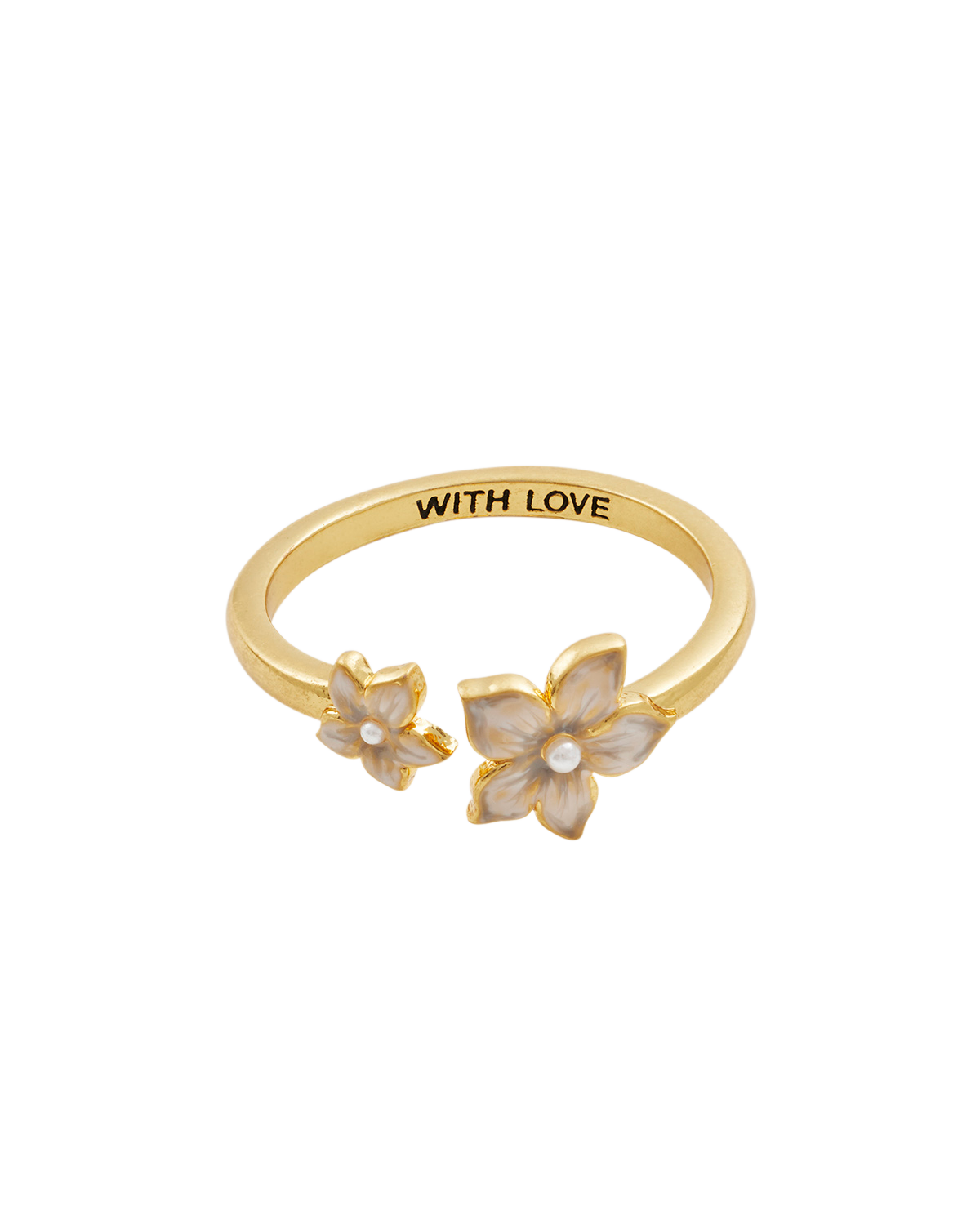 Gold Jasmine & Pearl Ring 'WITH LOVE' engraving on a white background