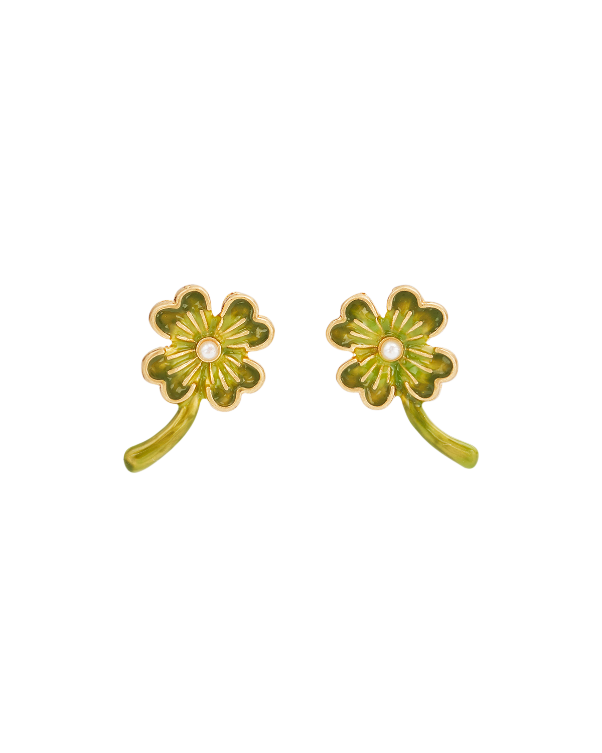 Gold Lucky Clover & Pearl Stud Earrings on a white background