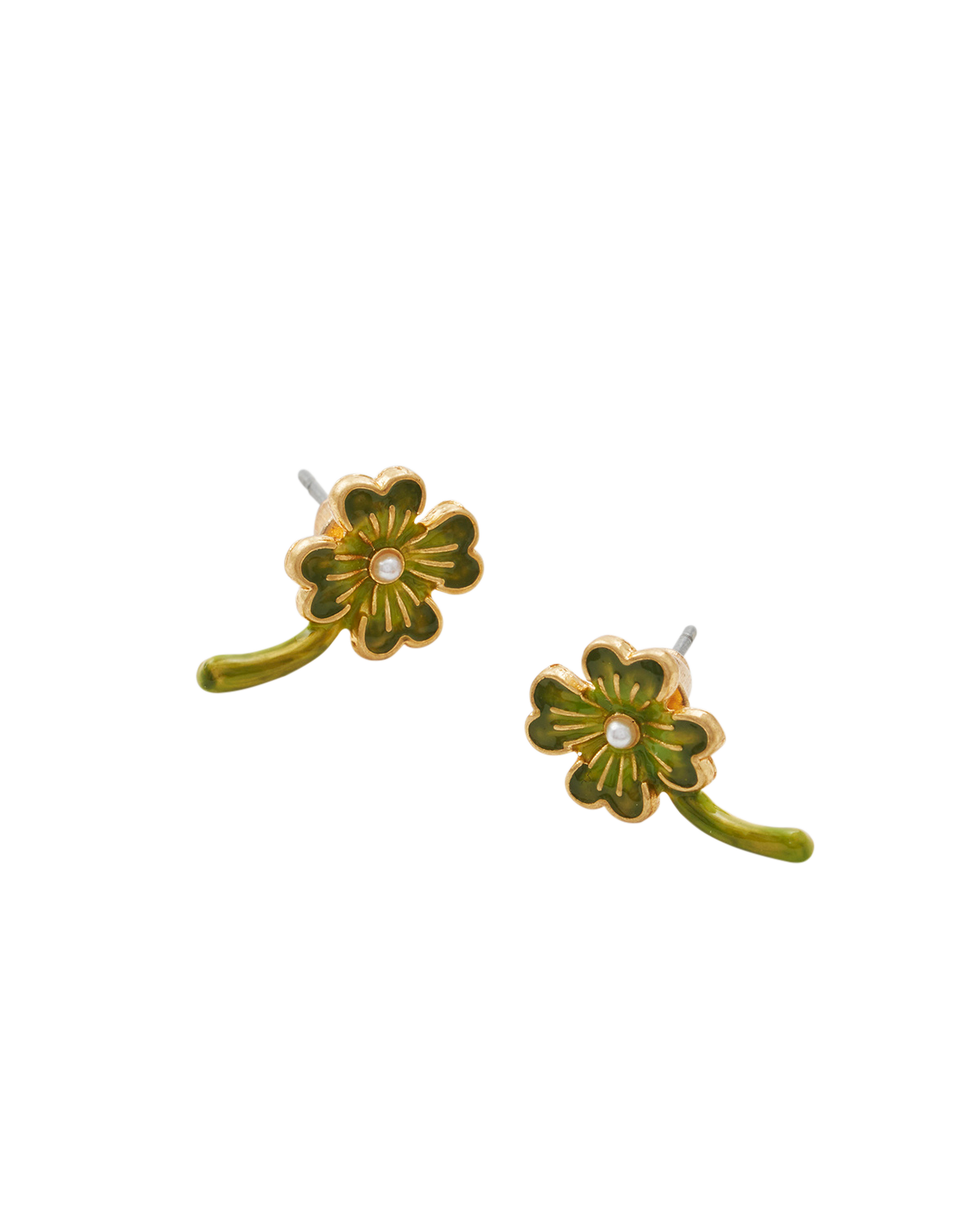 Gold Lucky Clover & Pearl Stud Earrings on a white background