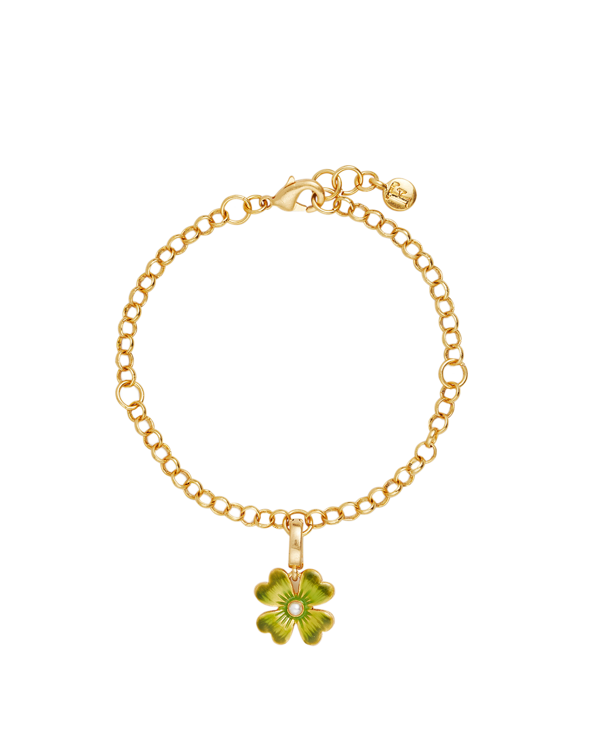 Gold Lucky Clover & Pearl Charm Bracelet on a white background