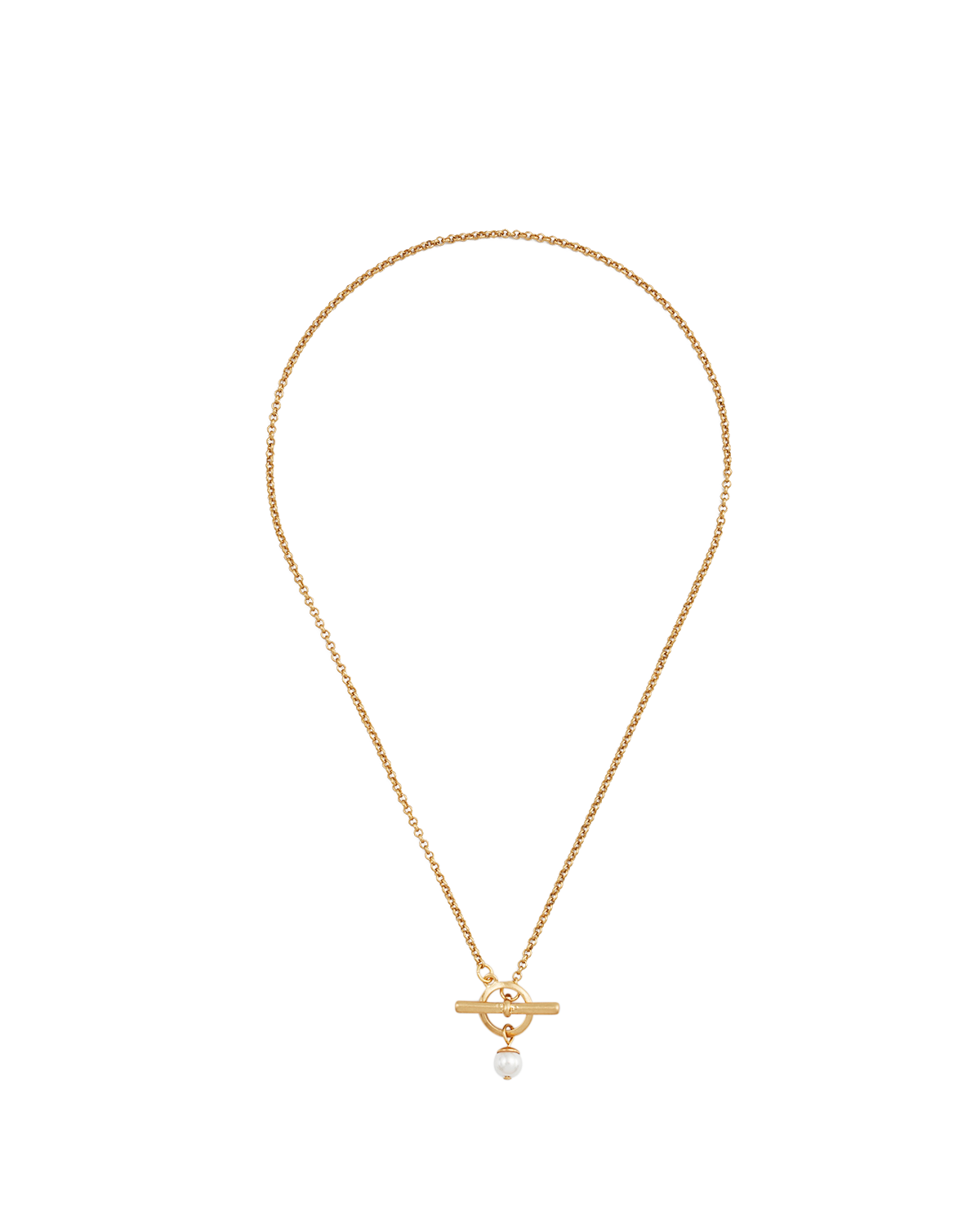 Gold Pearl Toggle Charm Necklace featuring a gold-toned chain and a delicate pearl drop charm.