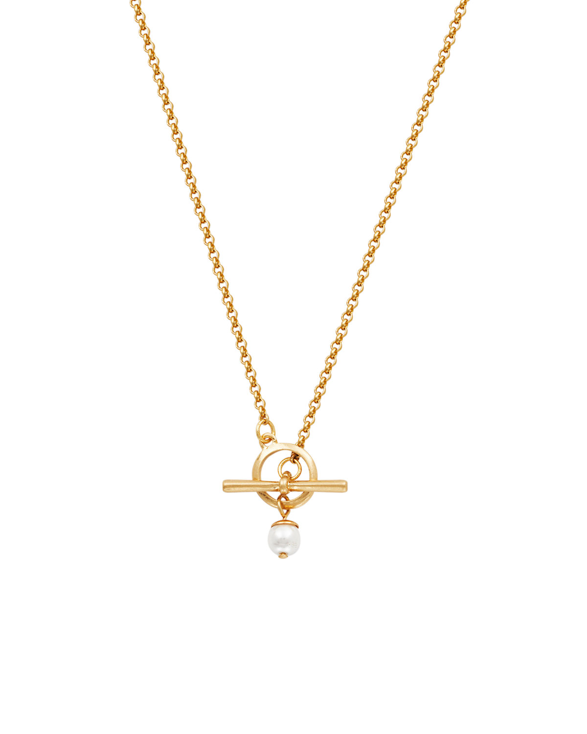 Gold Pearl Toggle Charm Necklace featuring a gold-toned chain and a pearl drop charm with T-bar toggle clasp.