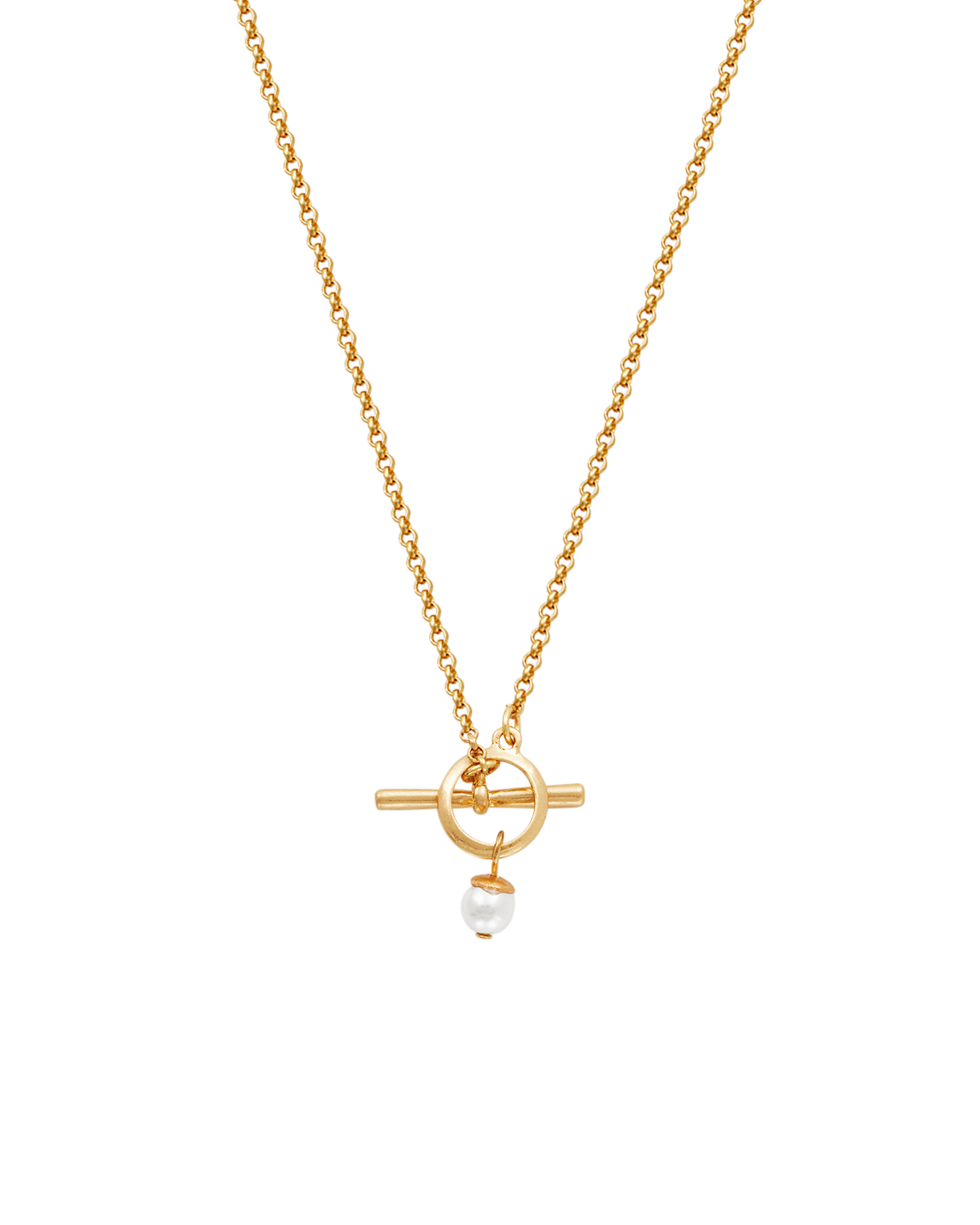 Gold Pearl Toggle Charm Necklace with a small pearl pendant on a white background