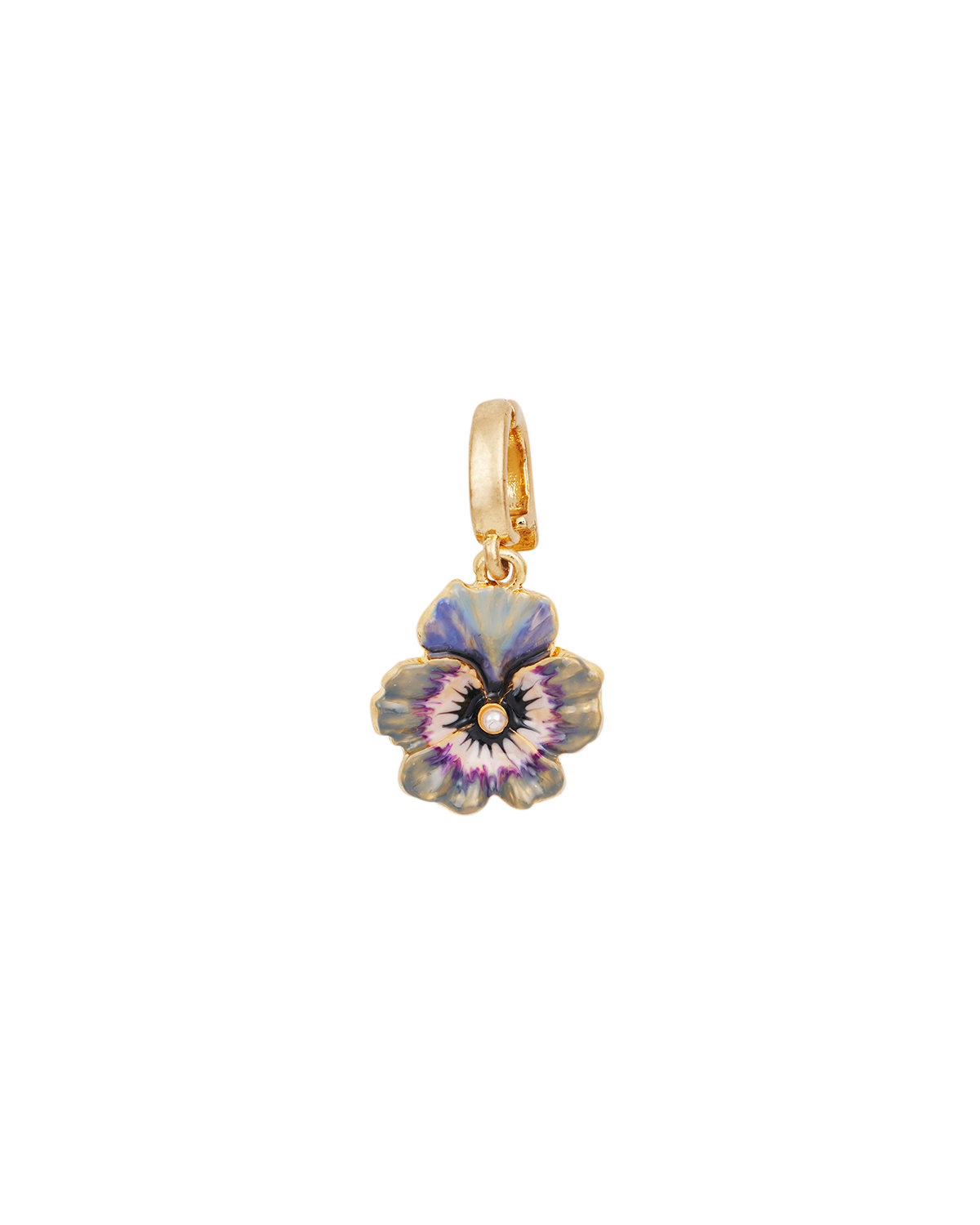 Gold Pansy & Pearl Charm, hand-painted floral charm in gold and violet hues, perfect for bracelets and necklaces.